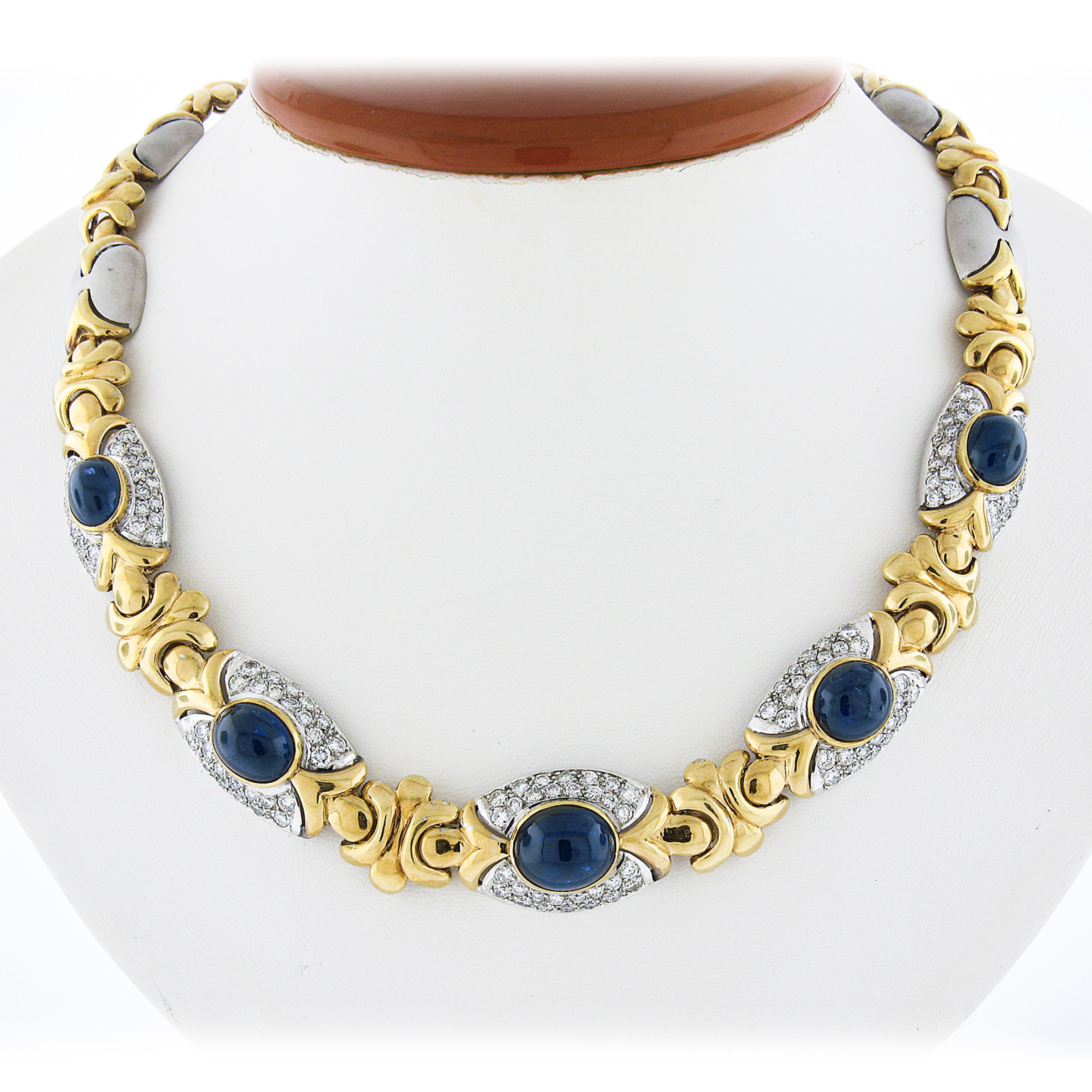 Here we have a breathtaking and very well made necklace that is crafted from solid 18k yellow and white gold. The necklace features fine oval cabochon cut sapphires, of which two have been randomly selected for testing by GIA, and are neatly bezel