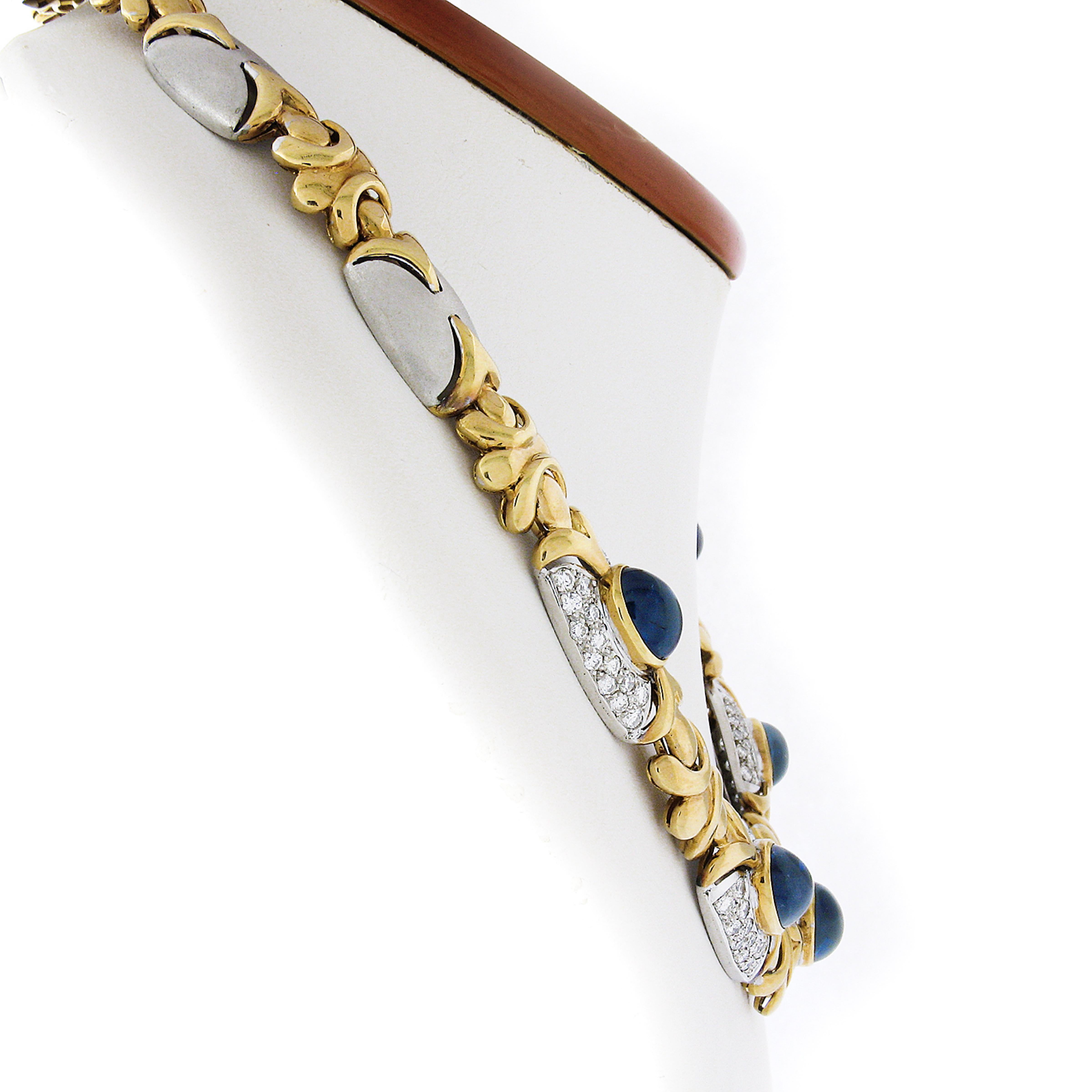 Oval Cut 18K TT Gold 38ctw GIA Bezel Cabochon Sapphire & Pave Diamond Fancy Link Necklace For Sale