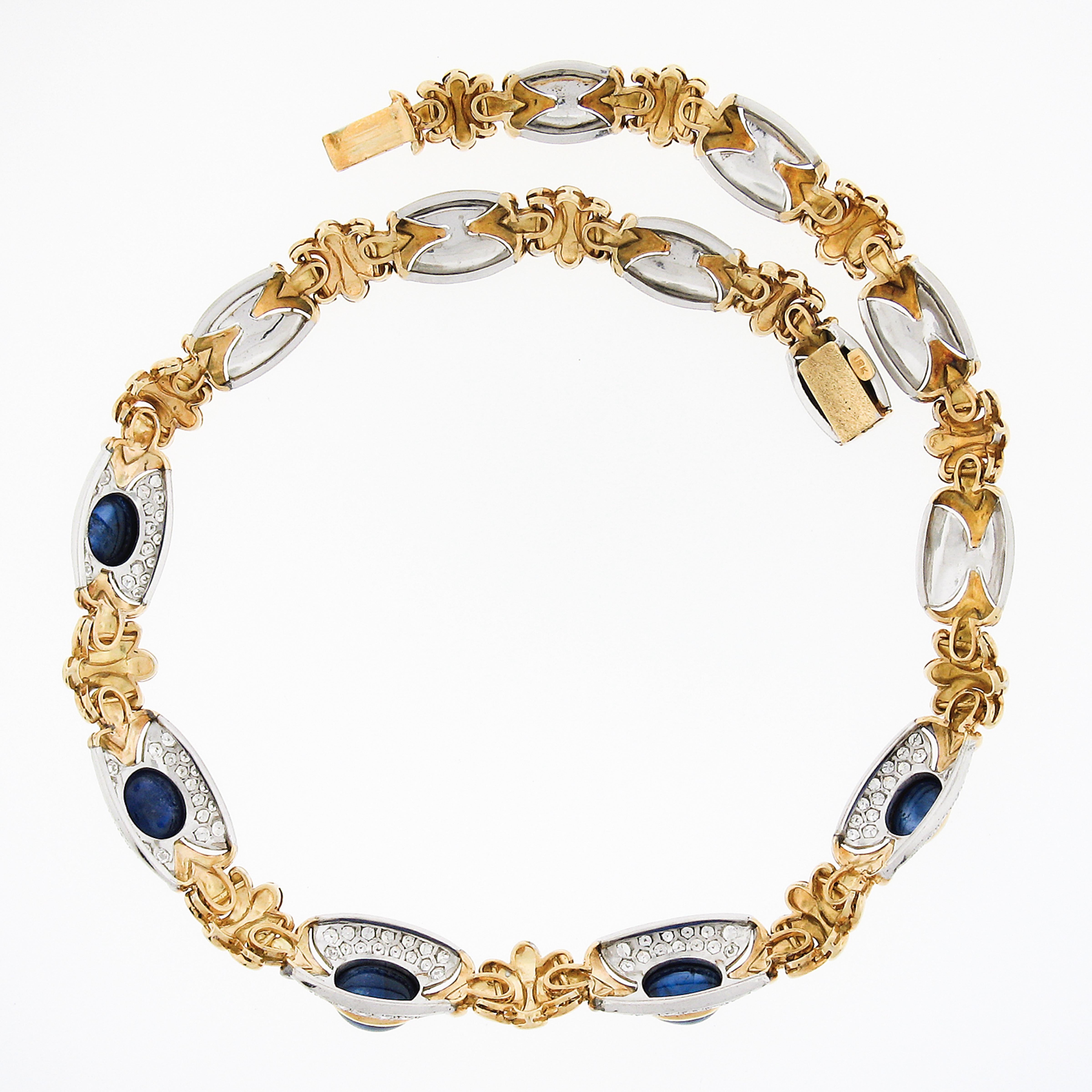Women's 18K TT Gold 38ctw GIA Bezel Cabochon Sapphire & Pave Diamond Fancy Link Necklace For Sale