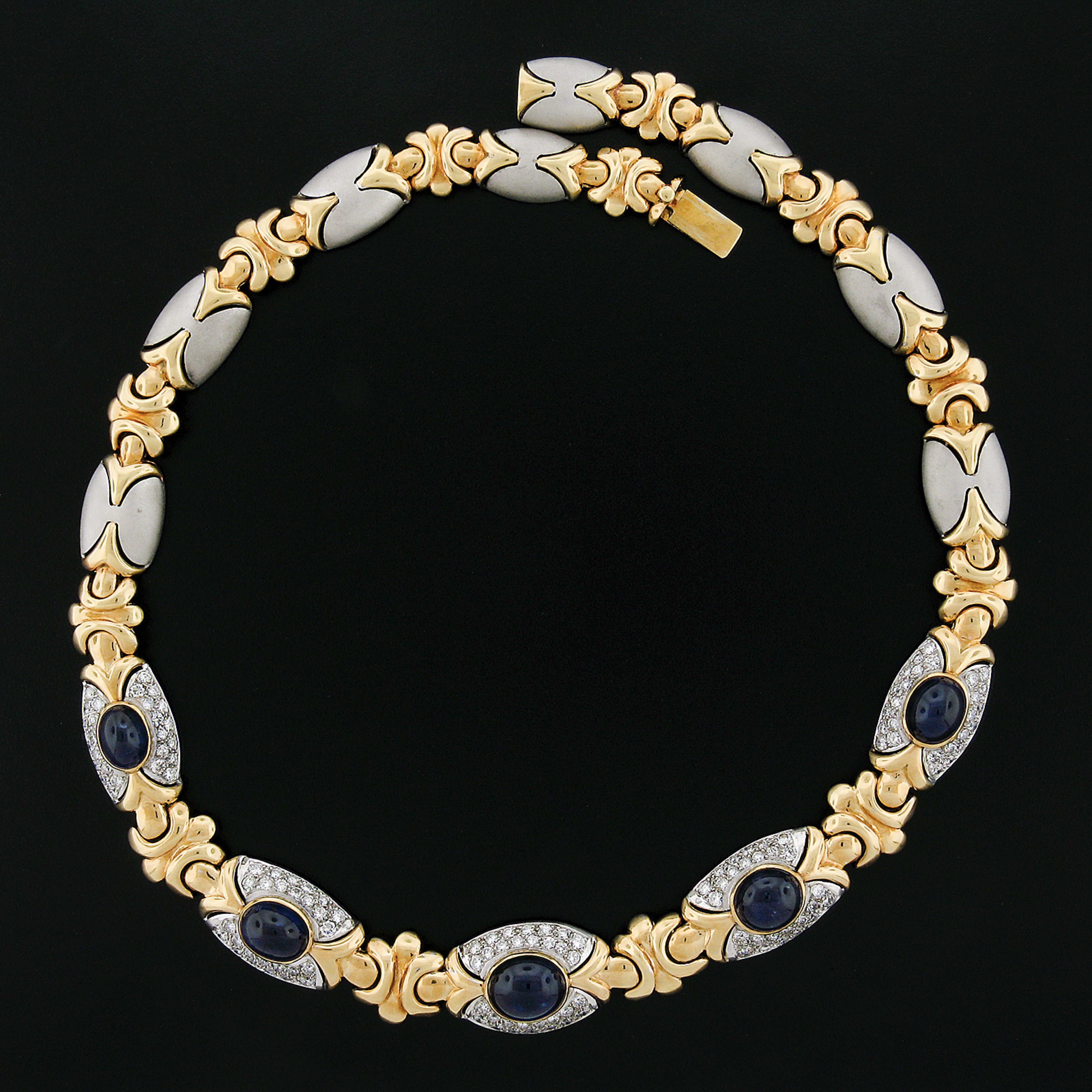18K TT Gold 38ctw GIA Bezel Cabochon Sapphire & Pave Diamond Fancy Link Necklace For Sale 1