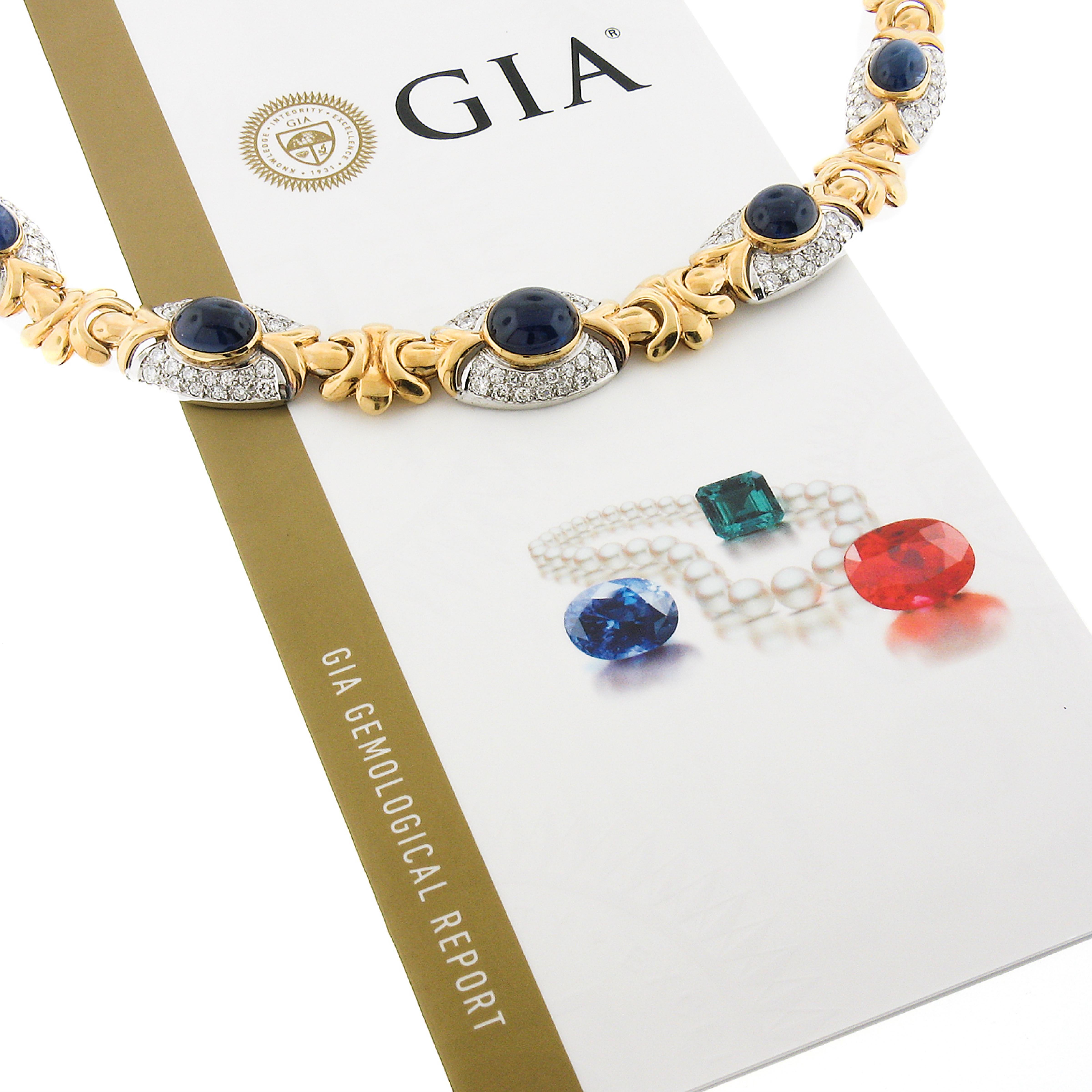 18K TT Gold 38ctw GIA Bezel Cabochon Sapphire & Pave Diamond Fancy Link Necklace For Sale 4