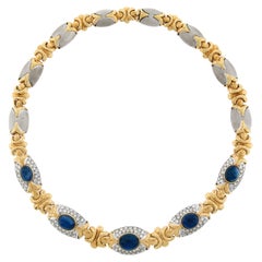 18K TT Gold 38ctw GIA Bezel Cabochon Sapphire & Pave Diamond Fancy Link Necklace