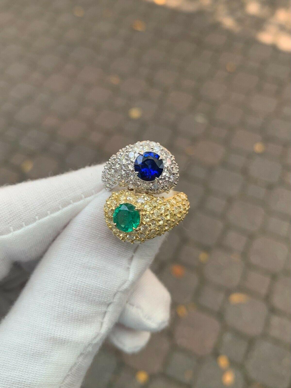 18k TT Gold 6.20ctw Sapphire & Emerald Fancy Diamond Snake Bypass Cocktail Ring For Sale 6