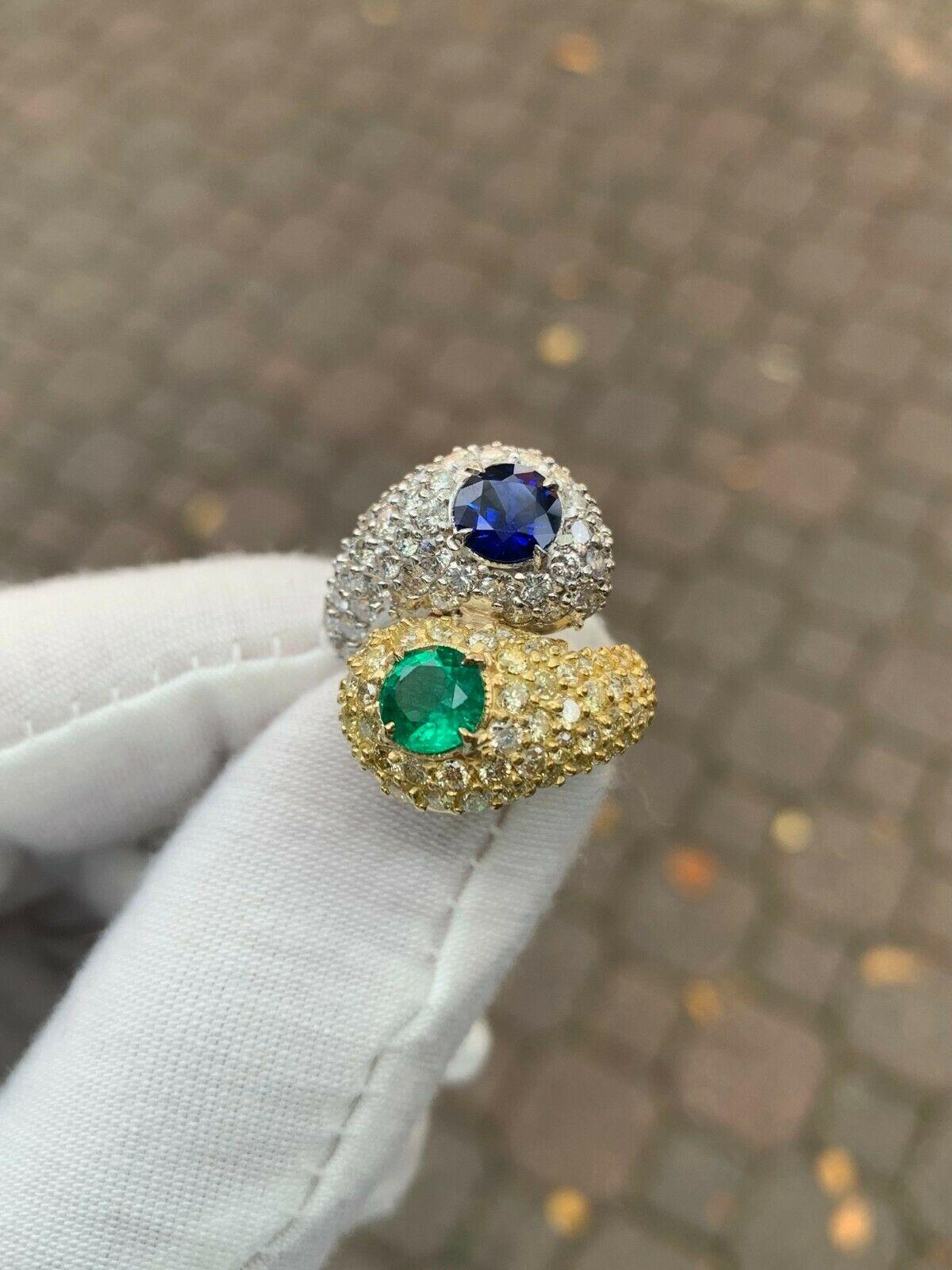 18k TT Gold 6.20ctw Sapphire & Emerald Fancy Diamond Snake Bypass Cocktail Ring For Sale 7