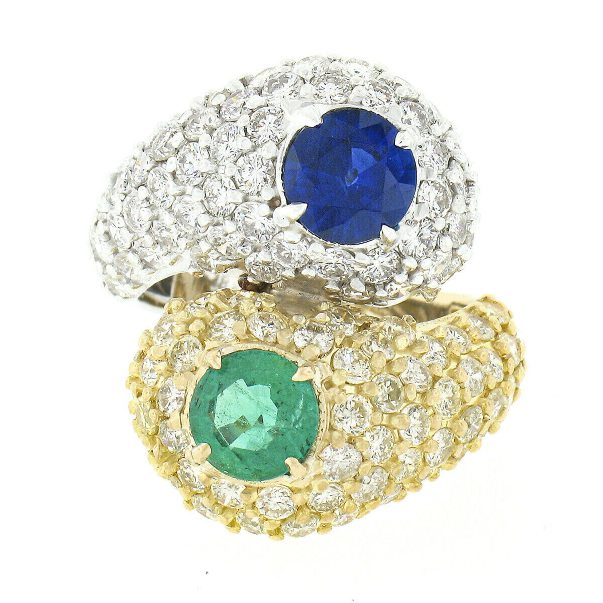 Round Cut 18k TT Gold 6.20ctw Sapphire & Emerald Fancy Diamond Snake Bypass Cocktail Ring For Sale