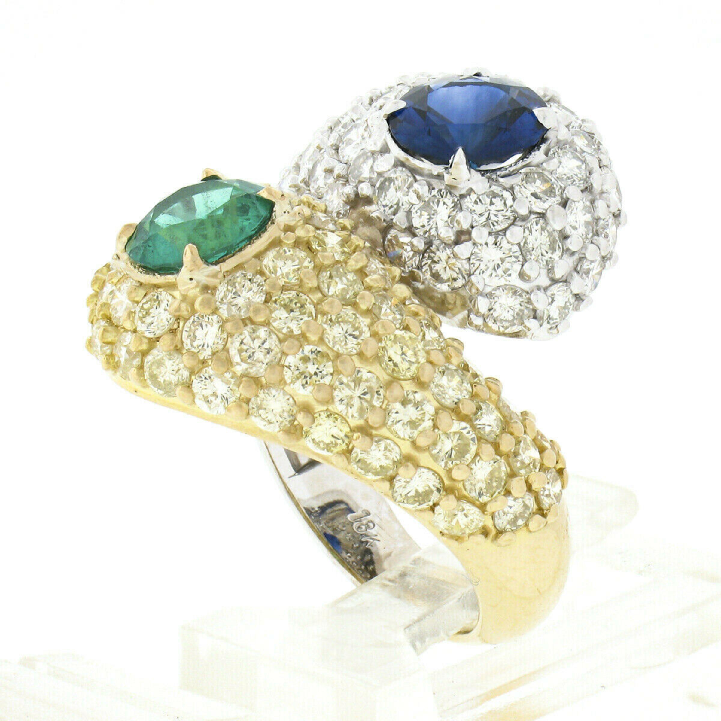 18k TT Gold 6.20ctw Sapphire & Emerald Fancy Diamond Snake Bypass Cocktail Ring In Excellent Condition For Sale In Montclair, NJ