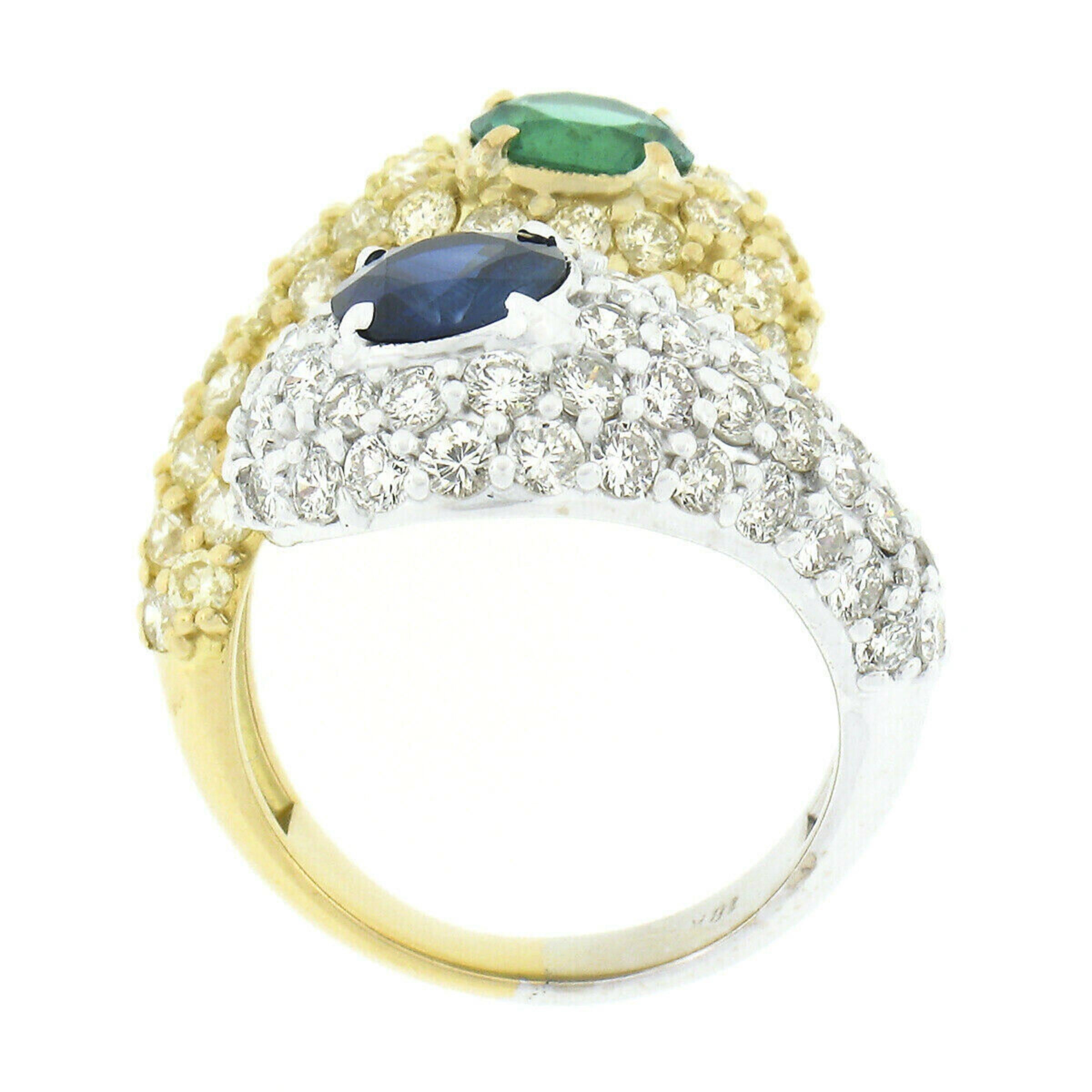 Women's 18k TT Gold 6.20ctw Sapphire & Emerald Fancy Diamond Snake Bypass Cocktail Ring For Sale