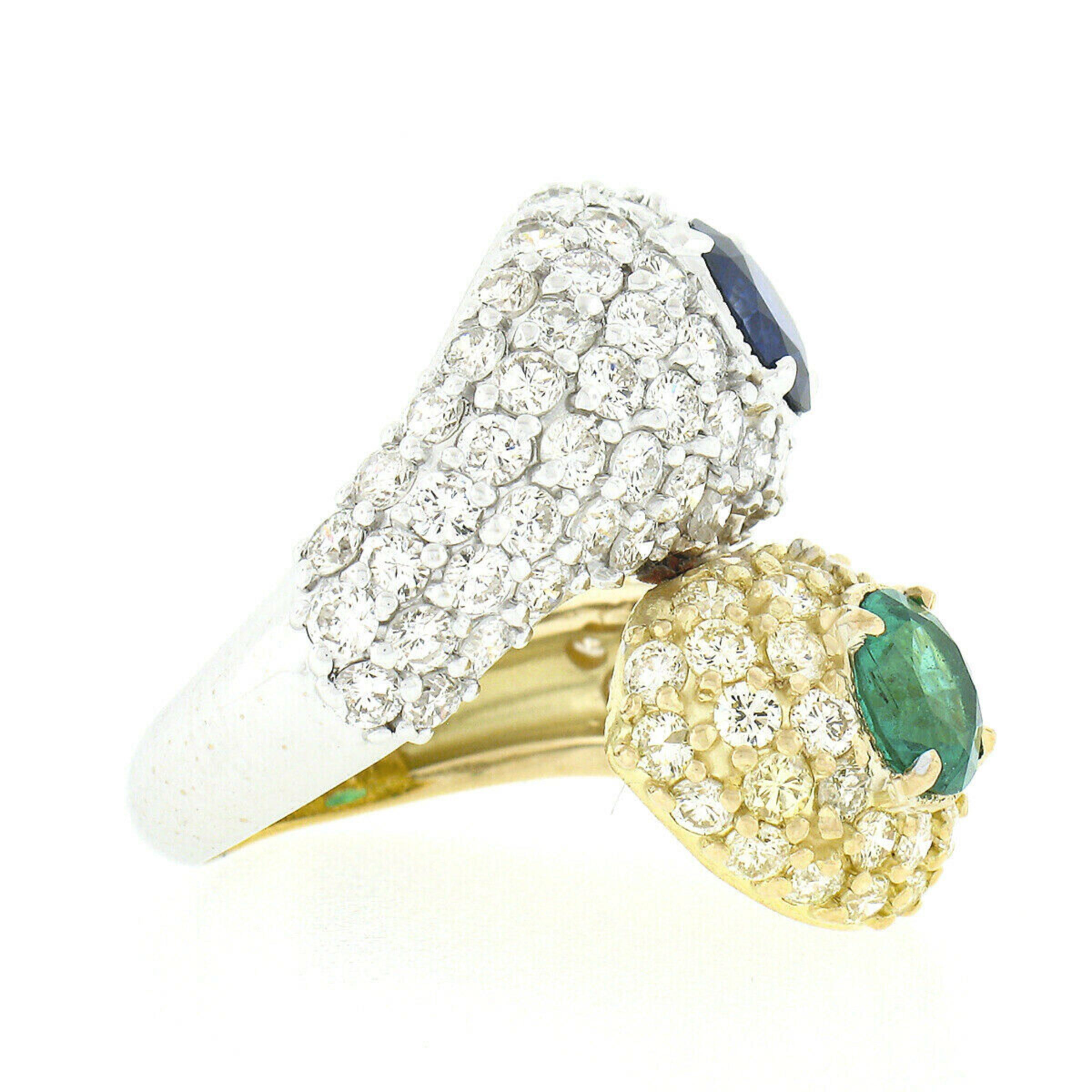 18k TT Gold 6.20ctw Sapphire & Emerald Fancy Diamond Snake Bypass Cocktail Ring For Sale 2