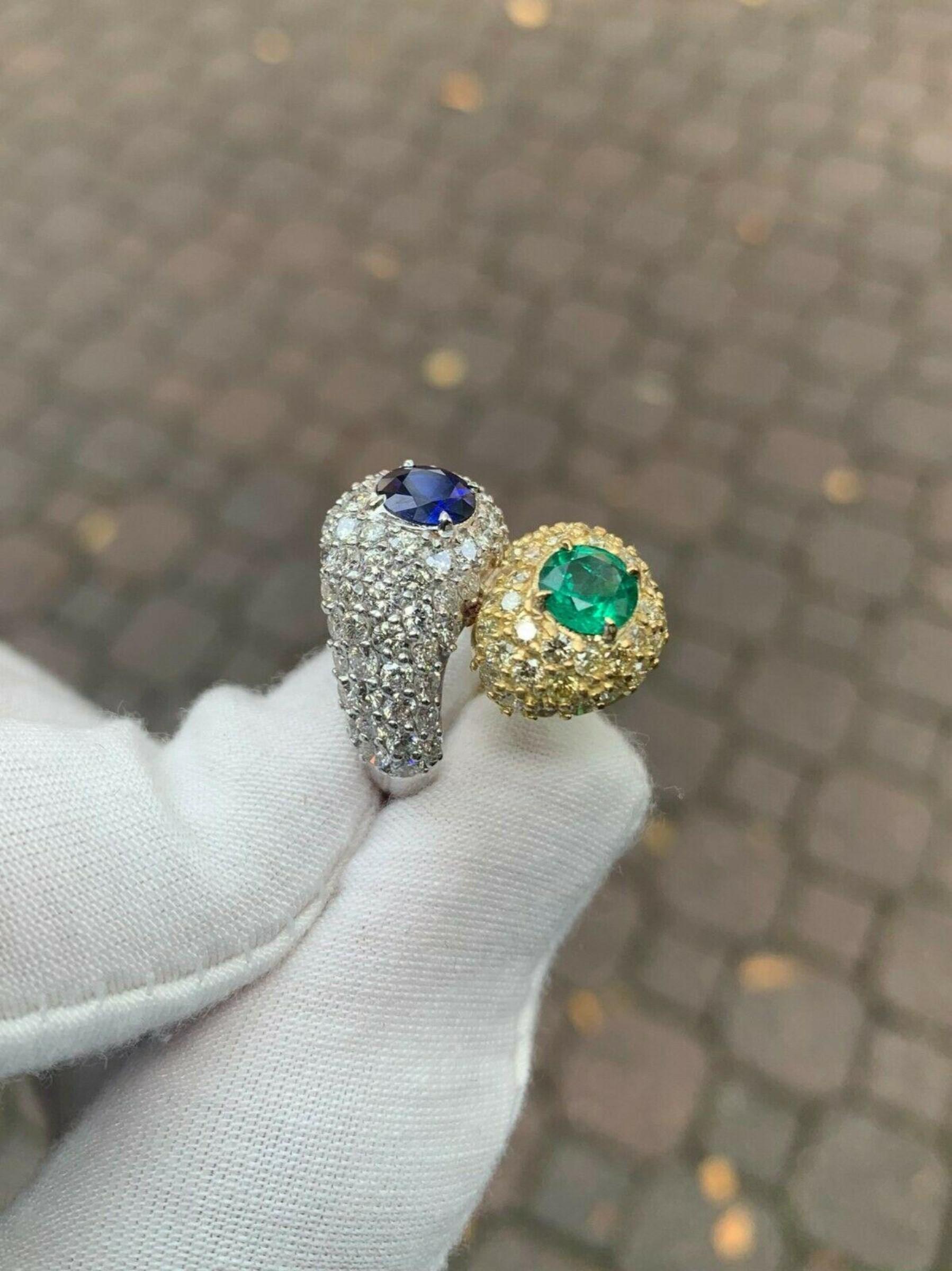 18k TT Gold 6.20ctw Sapphire & Emerald Fancy Diamond Snake Bypass Cocktail Ring For Sale 4
