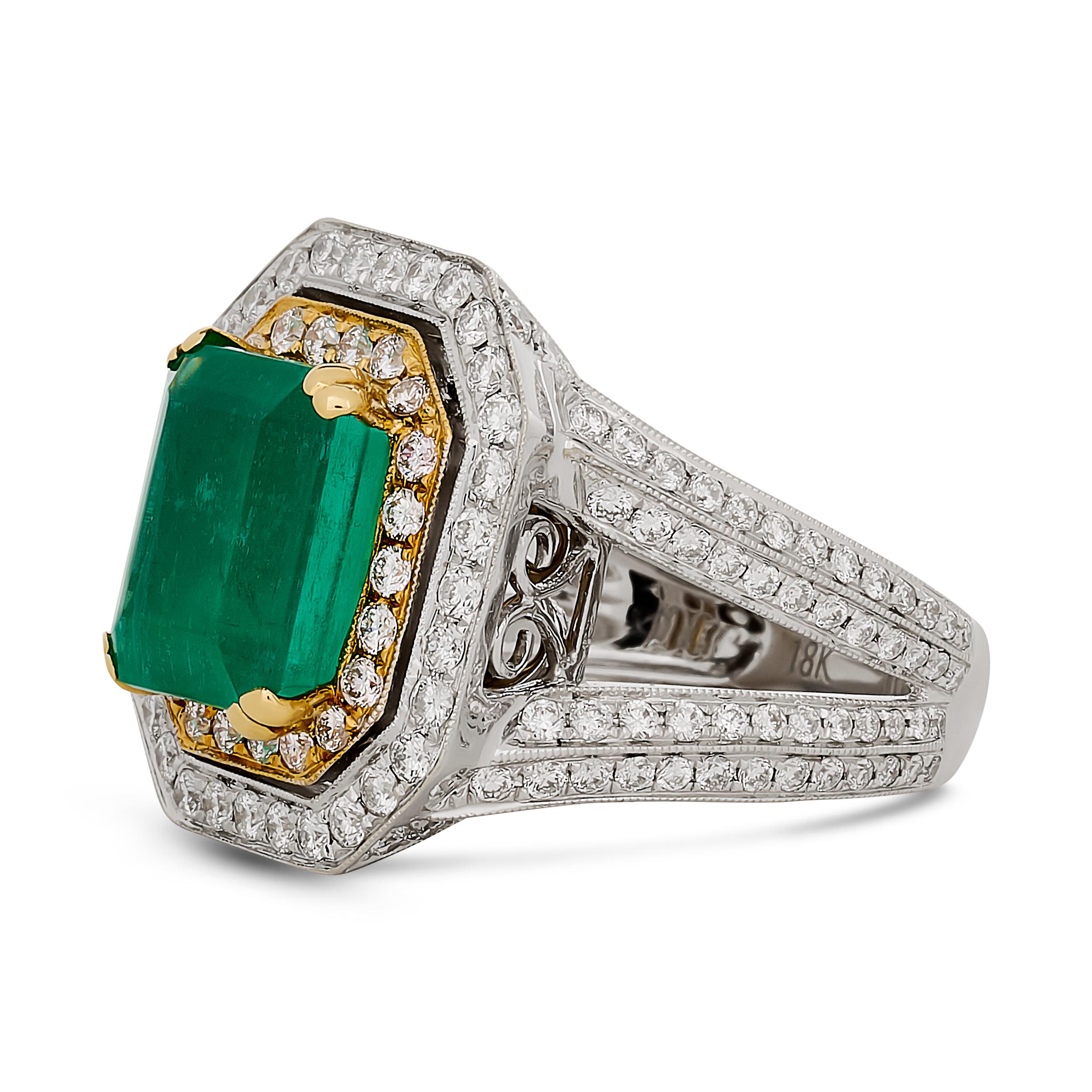 Emerald Cut 18K TT Gold Colombian F2 Emerald and Double Diamond Halo Split Shank Ring For Sale