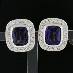 18K TT Gold Cushion Cabochon Amethyst & 1ctw Diamond Button Clip On Earrings