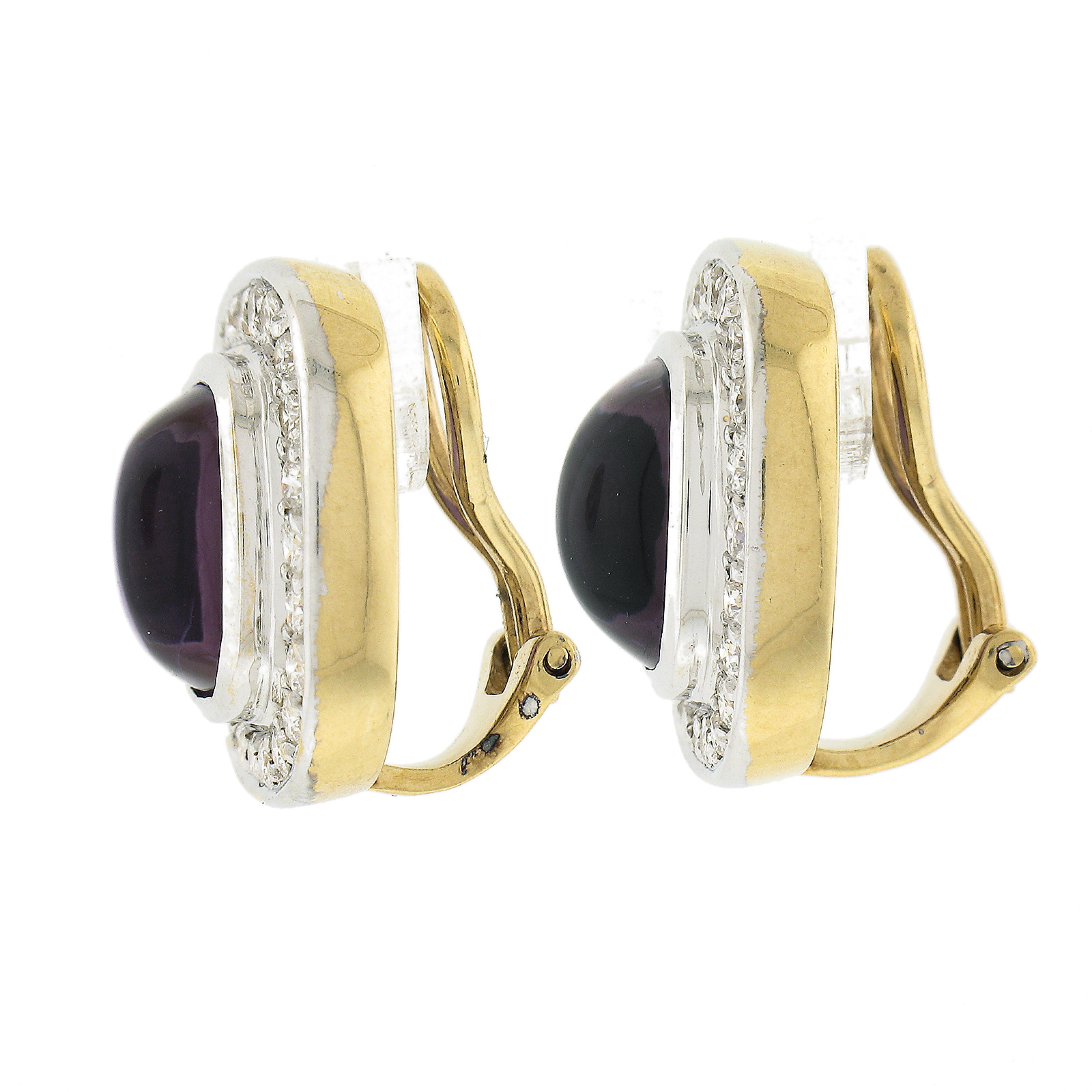 18K TT Gold Kissenschliff Cabochon Amethyst & 1ctw Diamant Knopfleiste Clip-Ohrringe im Zustand „Hervorragend“ im Angebot in Montclair, NJ