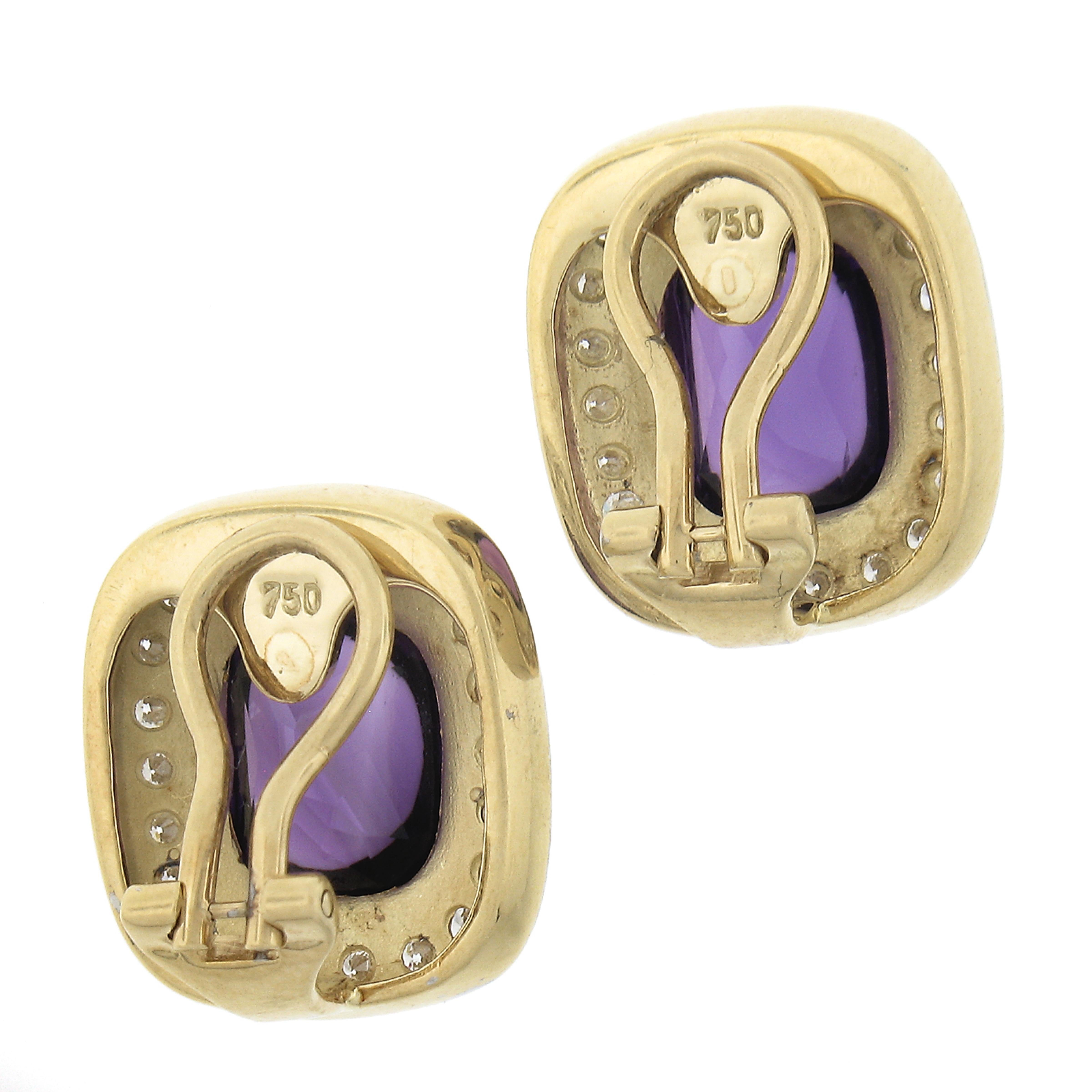 Women's 18K TT Gold Cushion Cabochon Amethyst & 1ctw Diamond Button Clip On Earrings For Sale