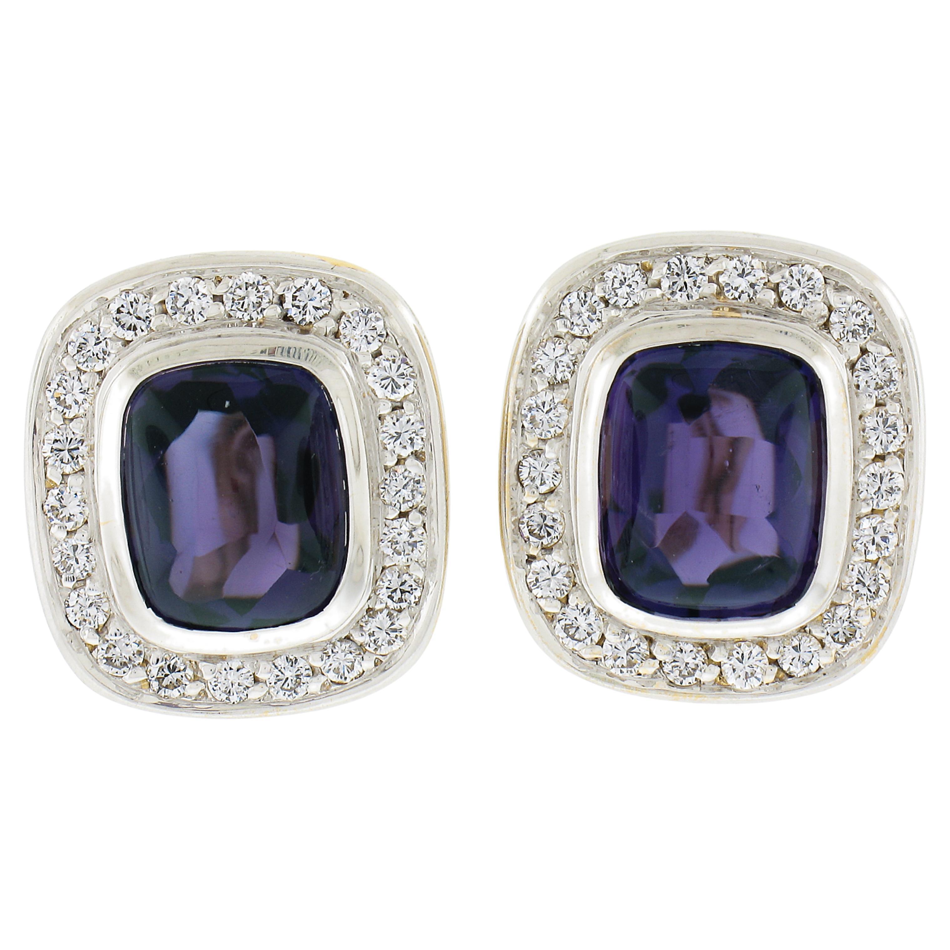 18K TT Gold Kissenschliff Cabochon Amethyst & 1ctw Diamant Knopfleiste Clip-Ohrringe im Angebot