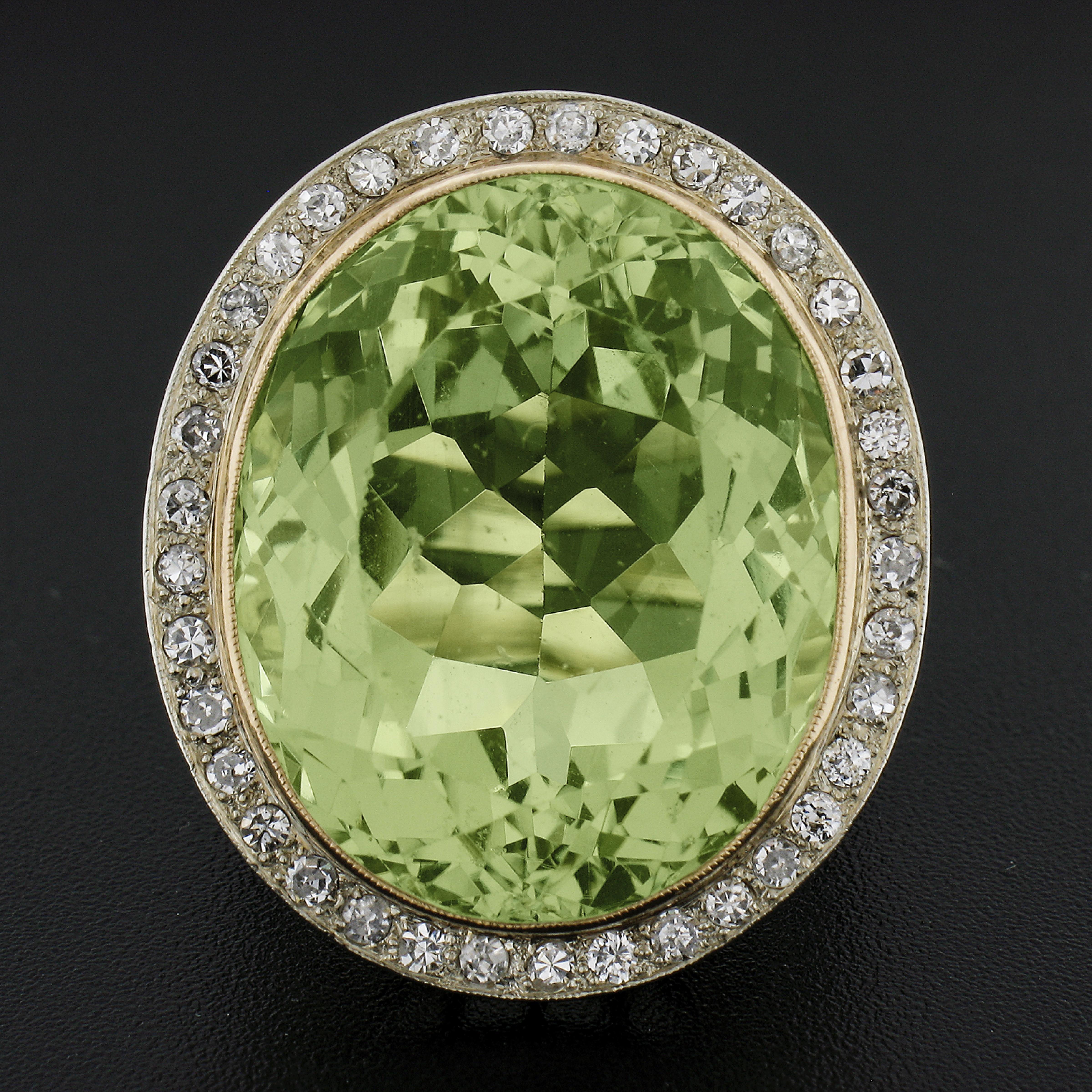 Oval Cut 18K TT Gold GIA 40.80ctw Oval Green Yellow Beryl w/ Diamond Halo Cocktail Ring For Sale