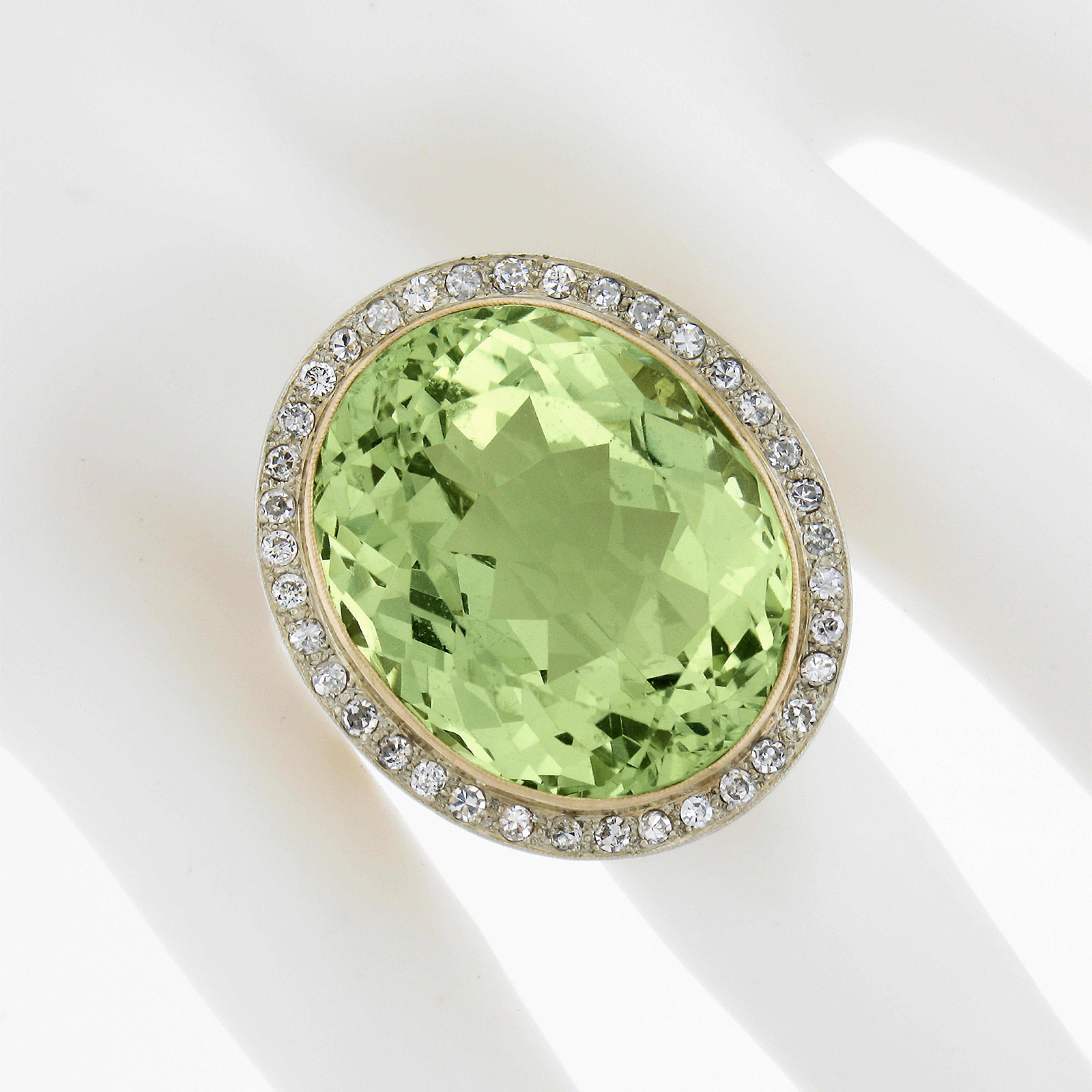 18K TT Gold GIA 40.80ctw Oval Green Yellow Beryl w/ Diamond Halo Cocktail Ring In Good Condition For Sale In Montclair, NJ