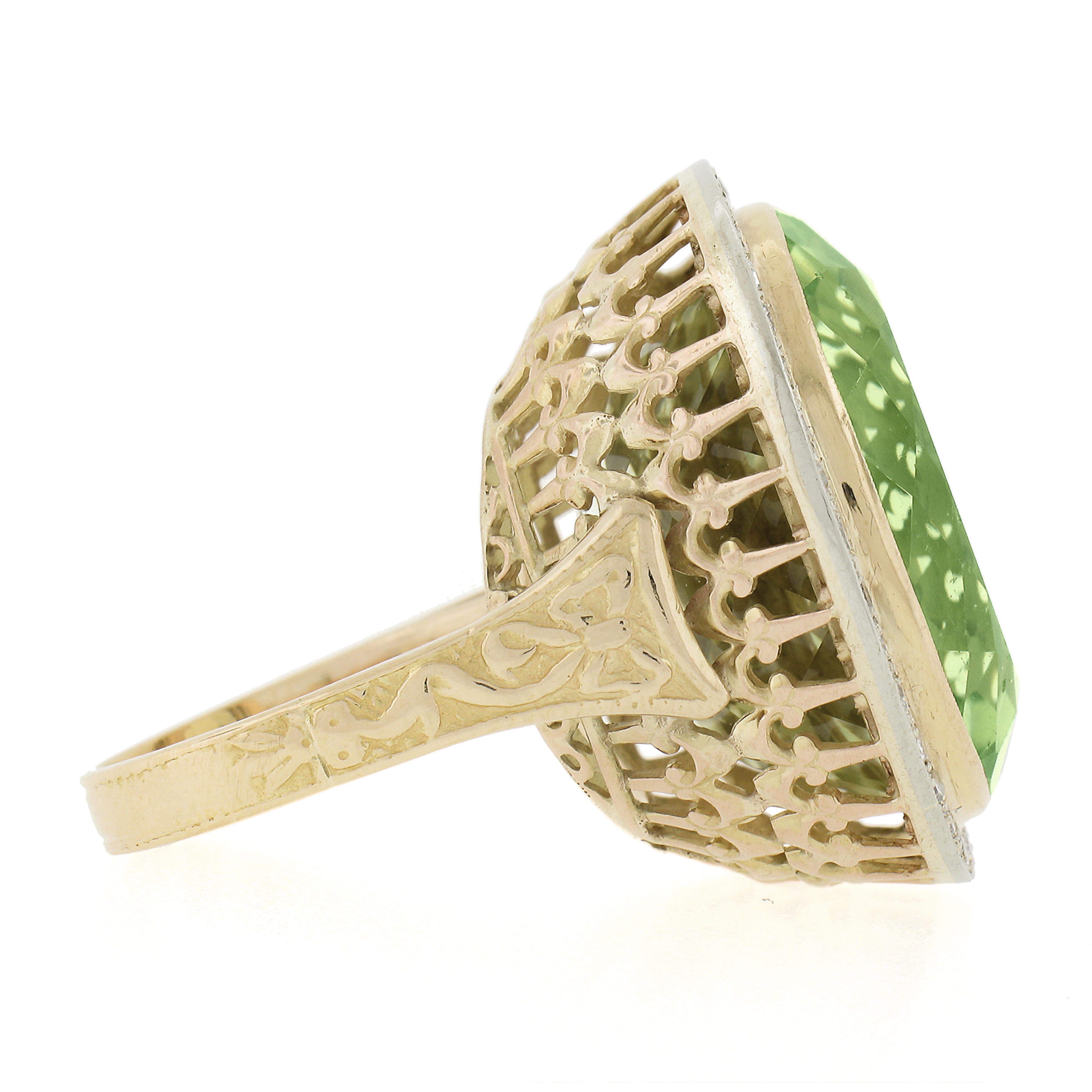 Women's 18K TT Gold GIA 40.80ctw Oval Green Yellow Beryl w/ Diamond Halo Cocktail Ring