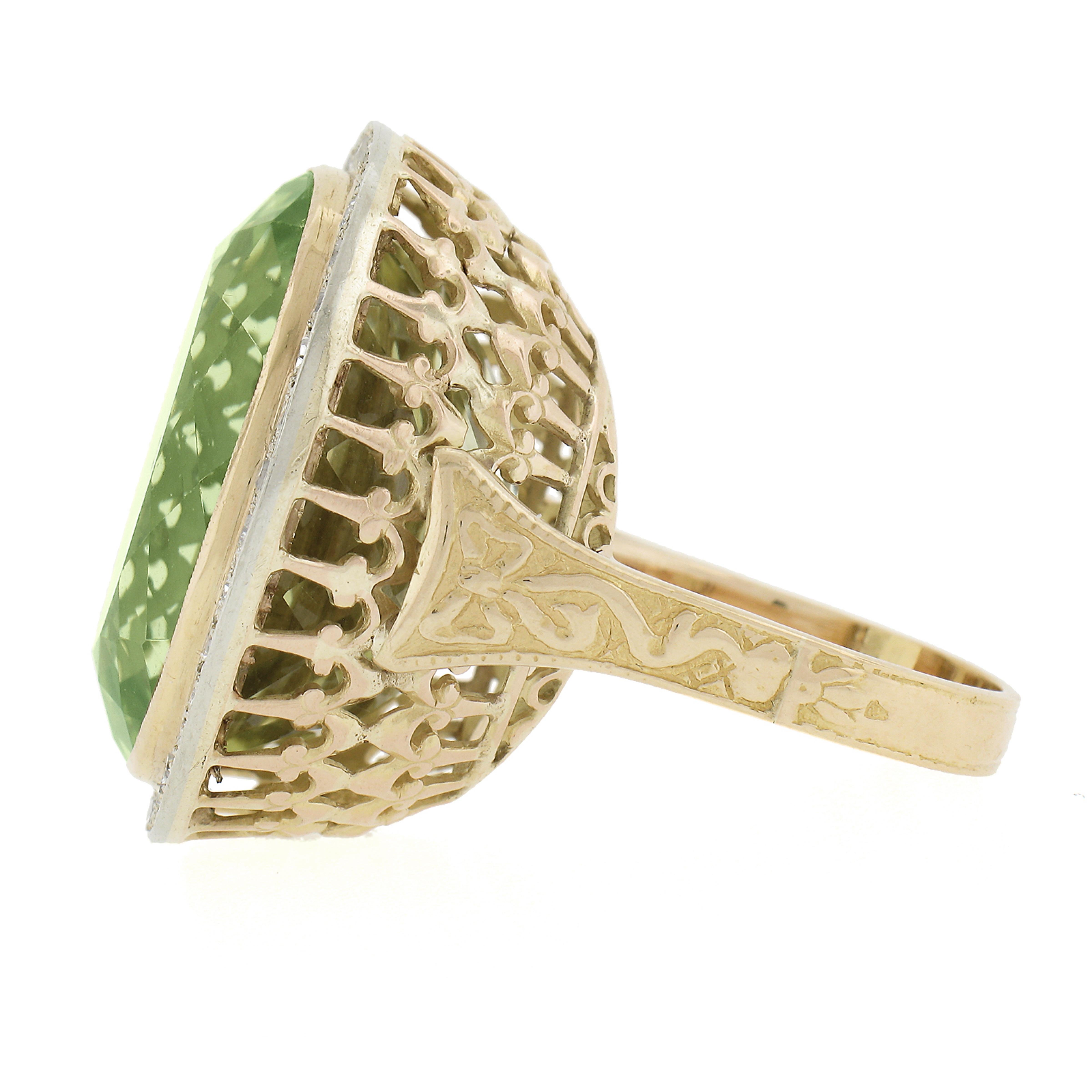 18K TT Gold GIA 40.80ctw Oval Green Yellow Beryl w/ Diamond Halo Cocktail Ring For Sale 1