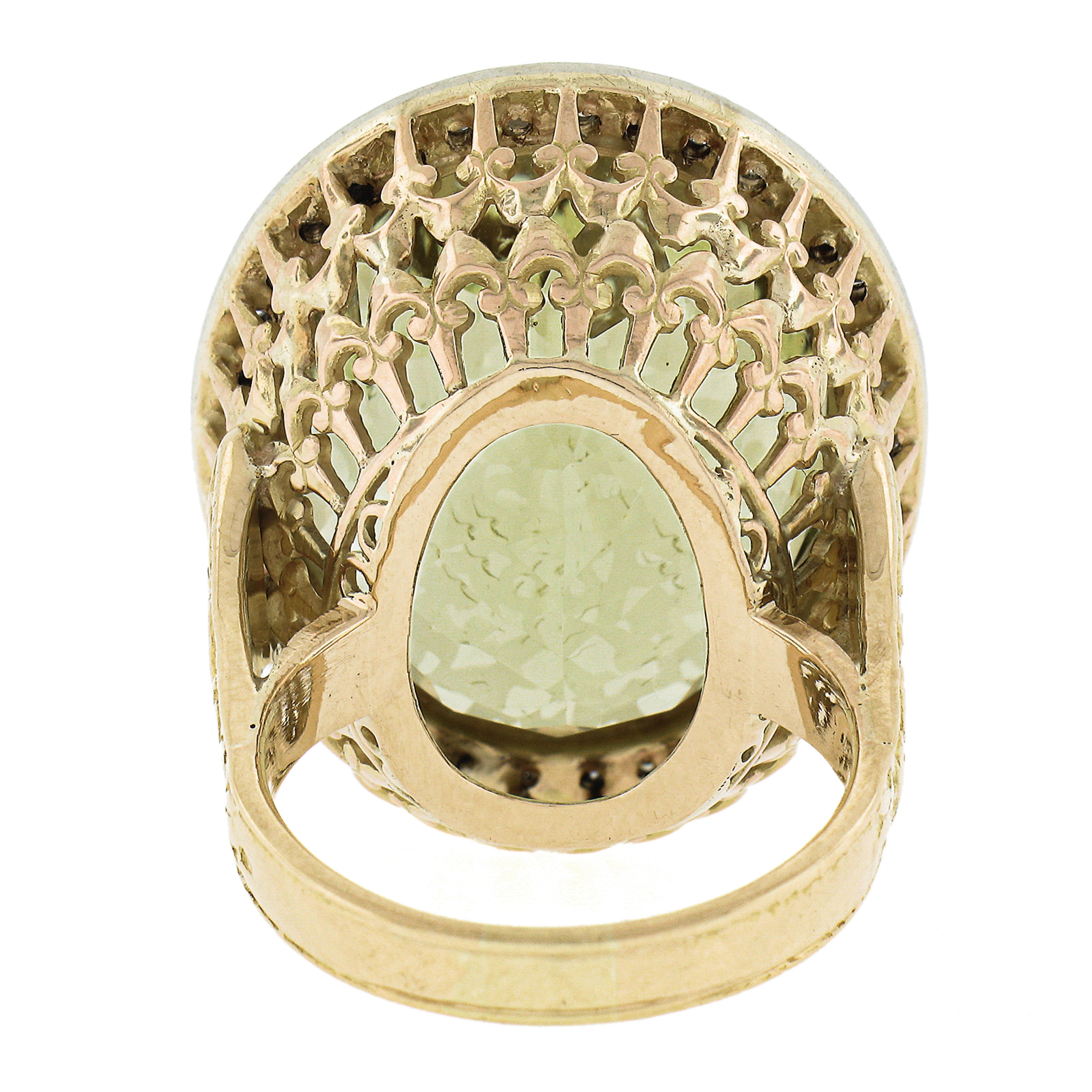 18K TT Gold GIA 40.80ctw Oval Green Yellow Beryl w/ Diamond Halo Cocktail Ring For Sale 2