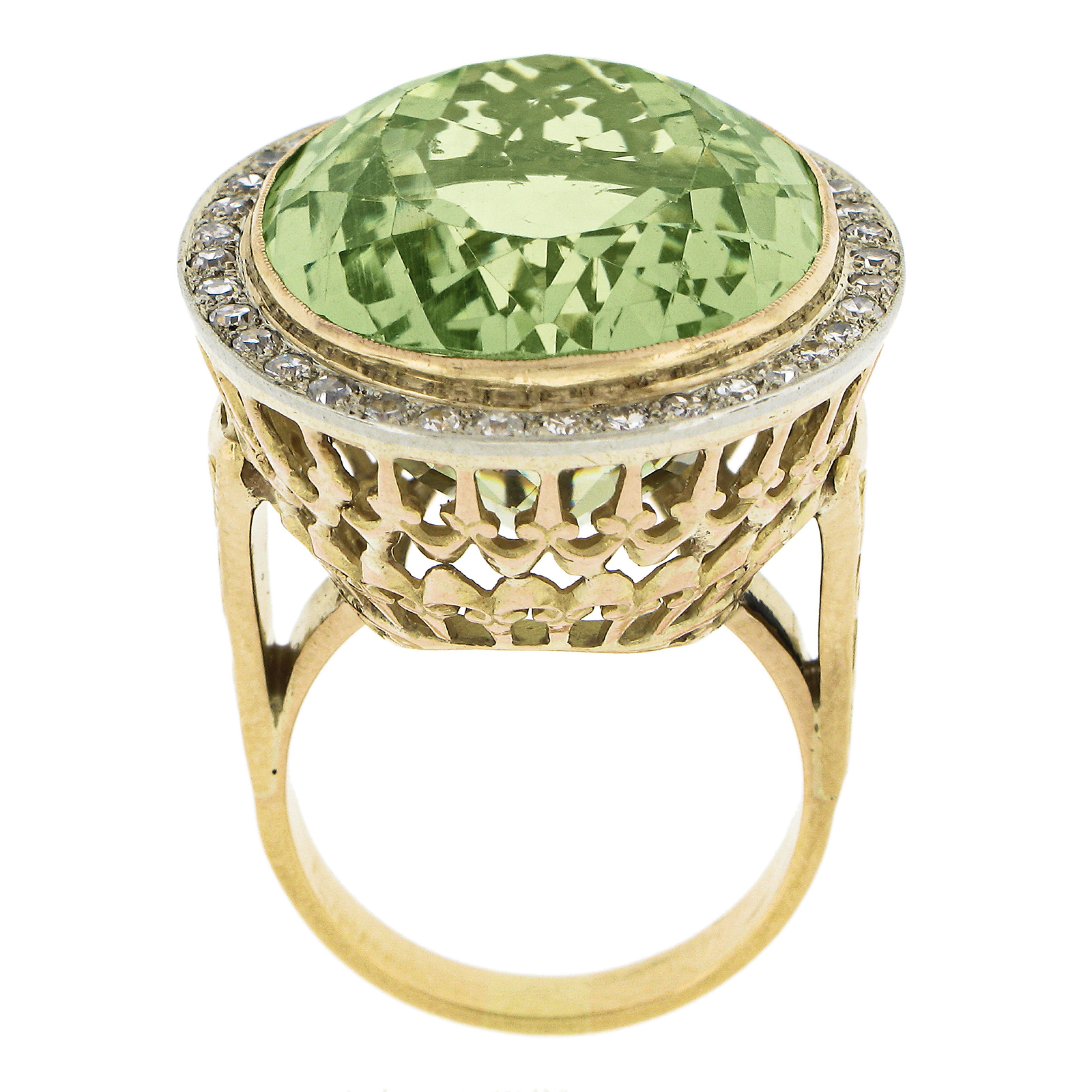 18K TT Gold GIA 40.80ctw Oval Green Yellow Beryl w/ Diamond Halo Cocktail Ring For Sale 3