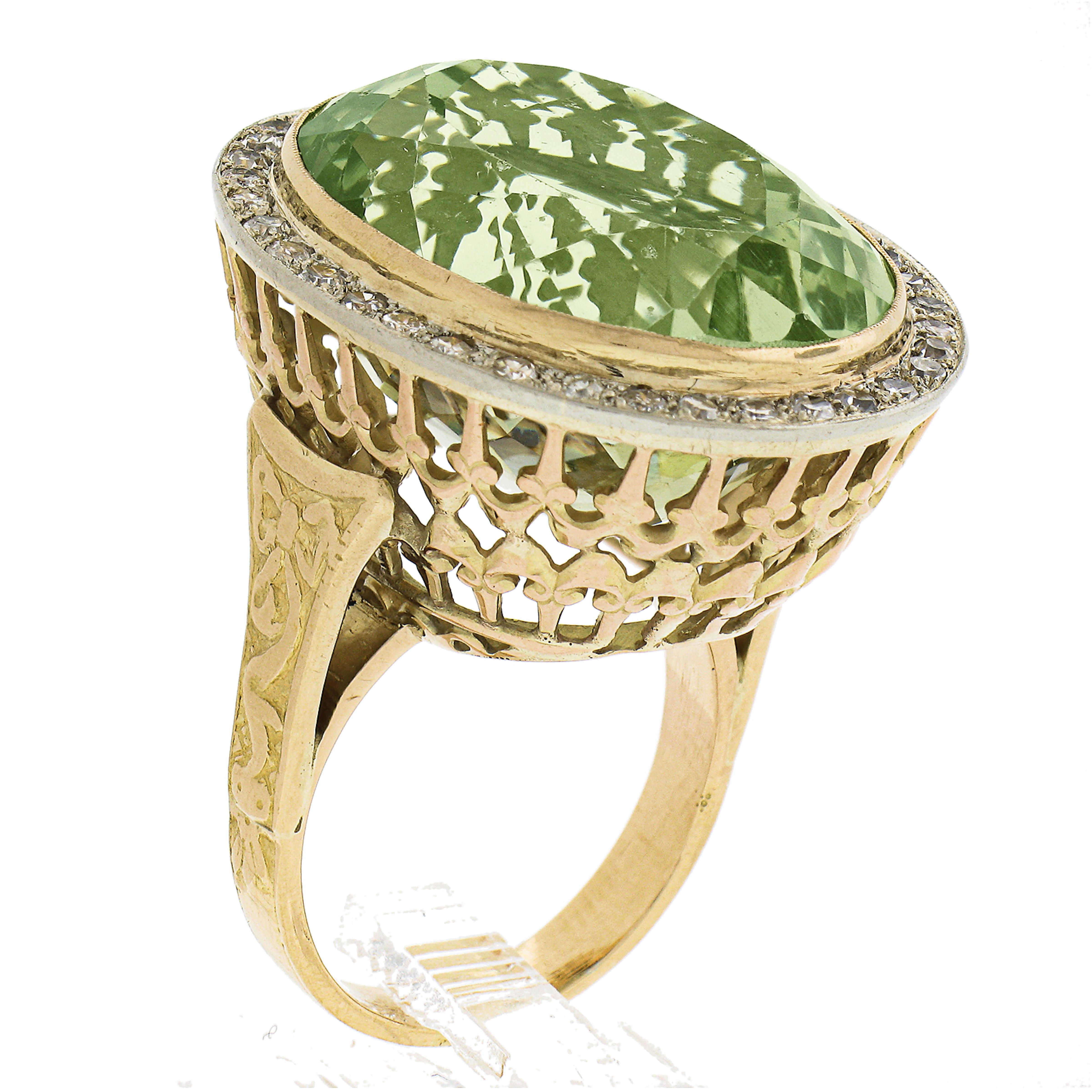 18K TT Gold GIA 40.80ctw Oval Green Yellow Beryl w/ Diamond Halo Cocktail Ring For Sale 4