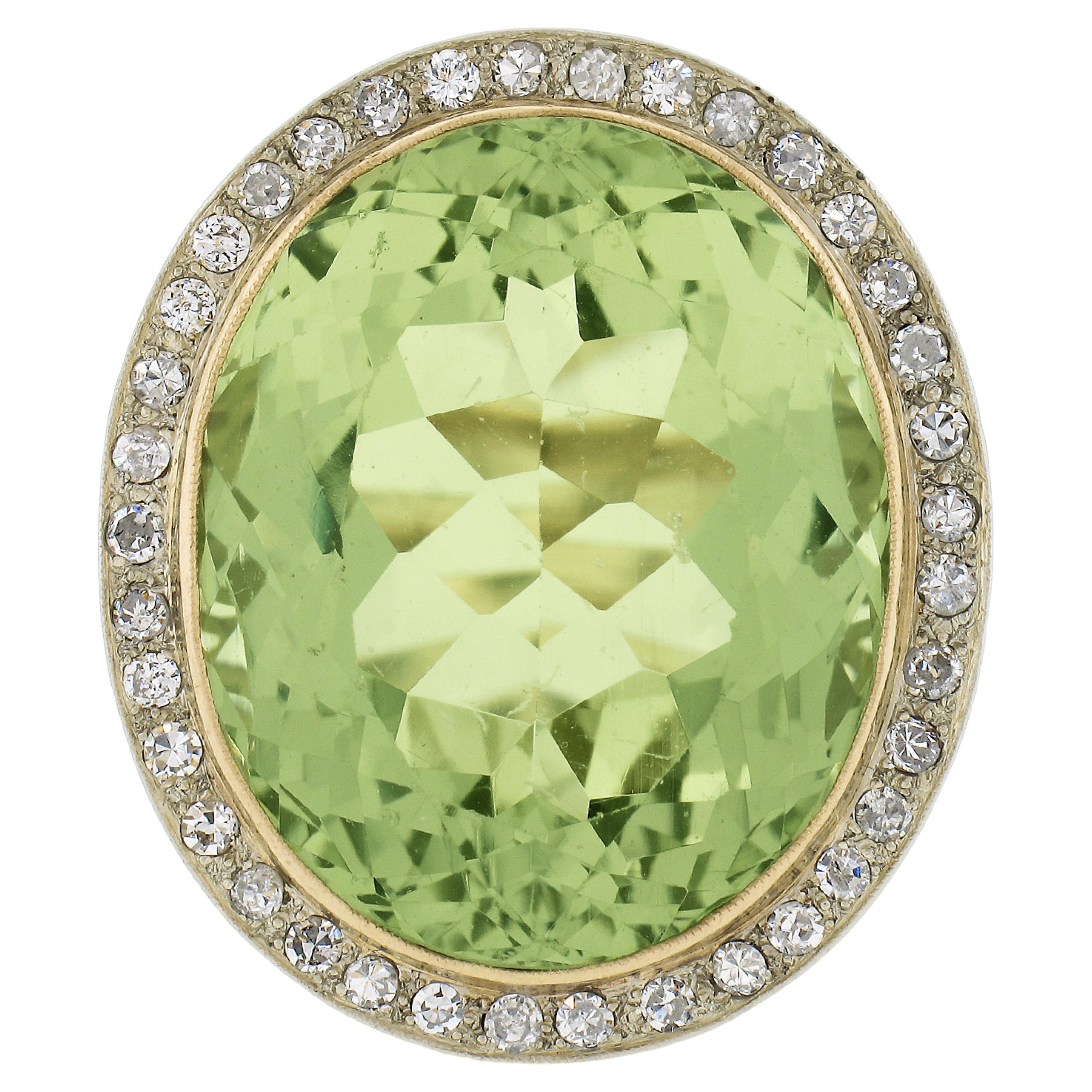18K TT Gold GIA 40.80ctw Oval Green Yellow Beryl w/ Diamond Halo Cocktail Ring For Sale