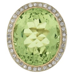 18K TT Gold GIA 40.80ctw Oval Green Yellow Beryl w/ Diamond Halo Cocktail Ring