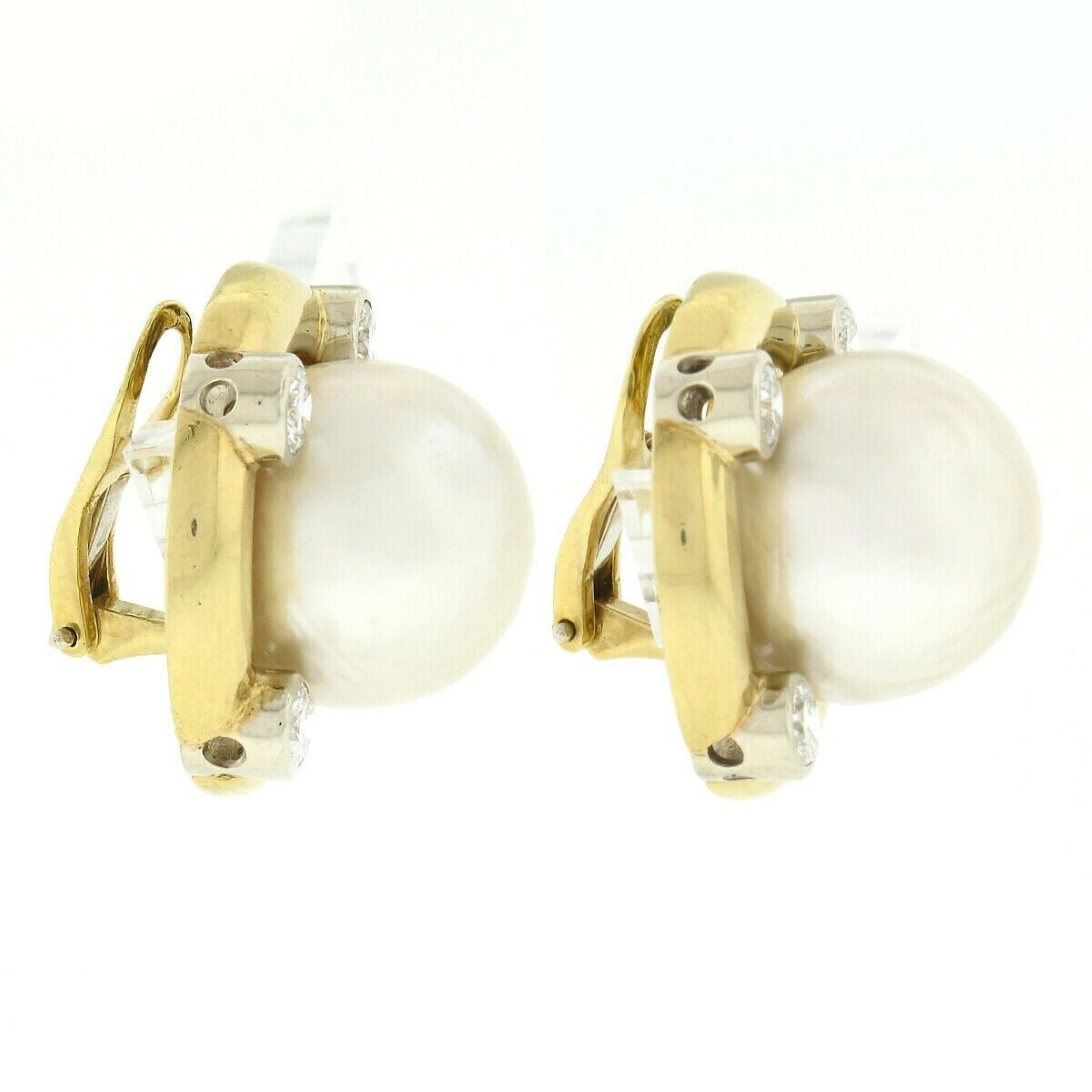 Bead 18K TT Gold GIA Large Saltwater Cultured Pearl & Bezel Diamond Button Earrings For Sale