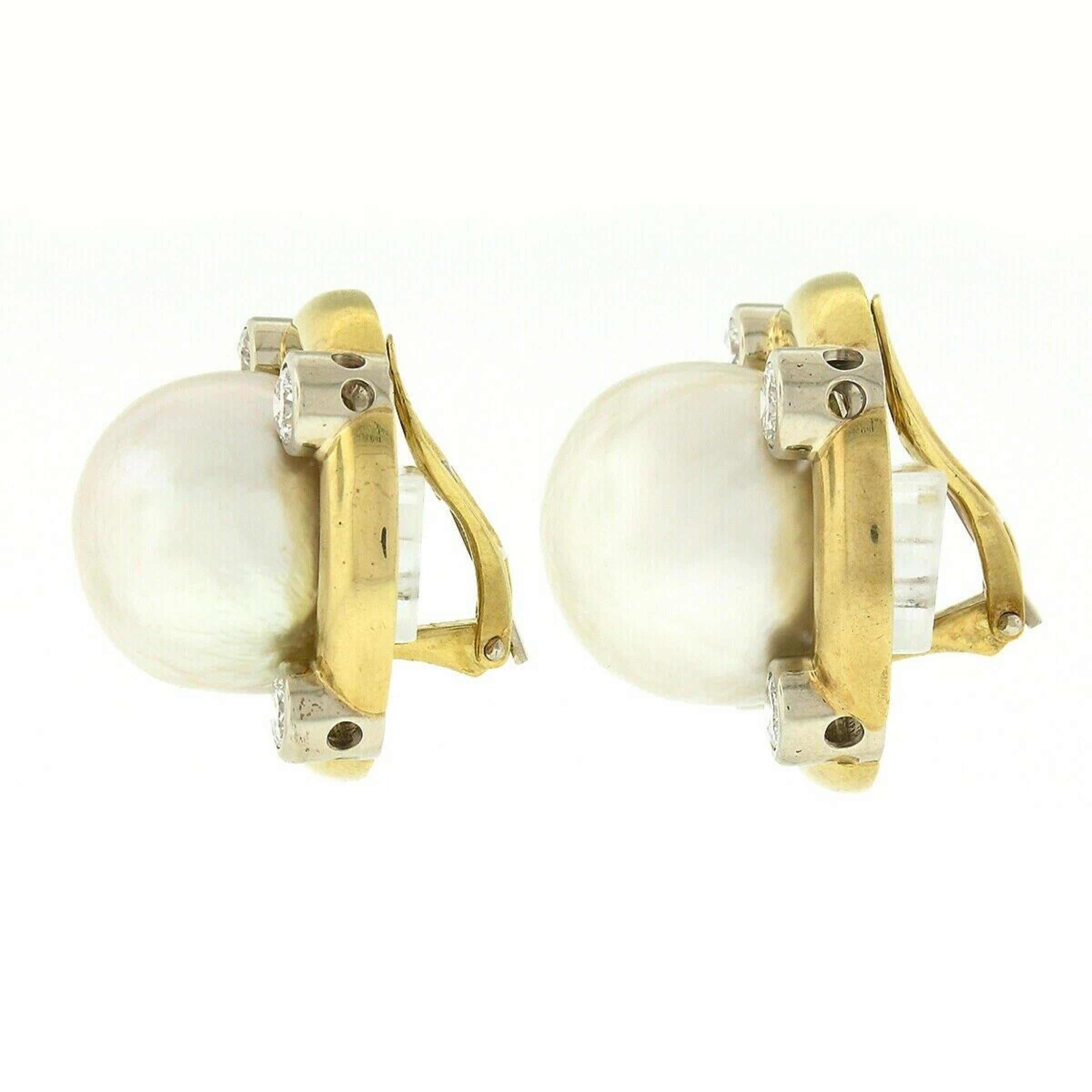 18K TT Gold GIA Large Saltwater Cultured Pearl & Bezel Diamond Button Earrings In Good Condition For Sale In Montclair, NJ