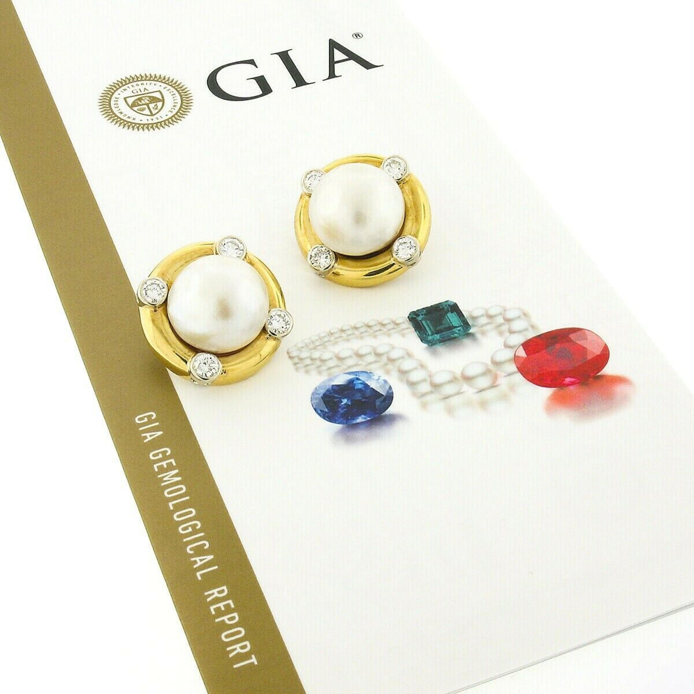 18K TT Gold GIA Large Saltwater Cultured Pearl & Bezel Diamond Button Earrings For Sale 2