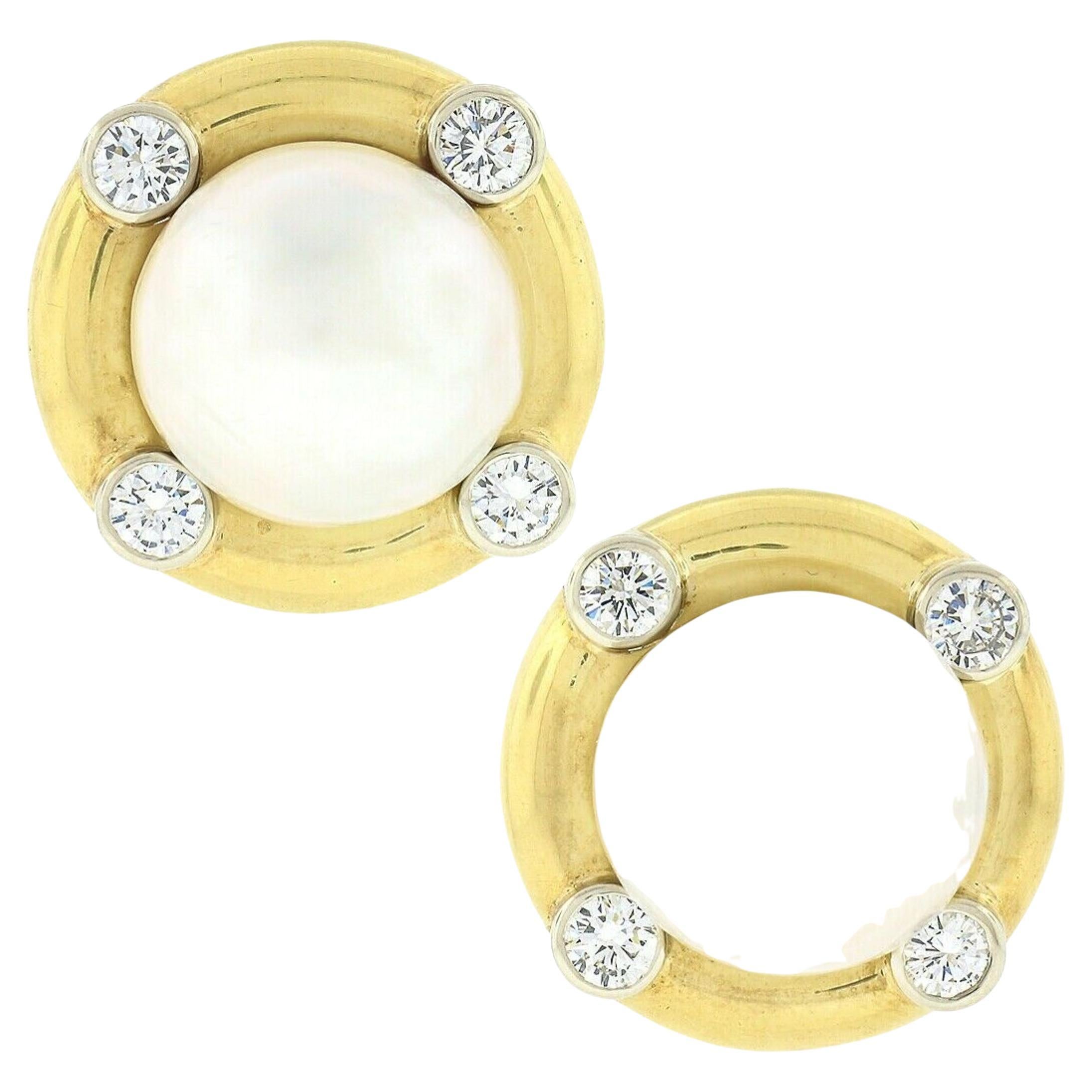 18K TT Gold GIA Large Saltwater Cultured Pearl & Bezel Diamond Button Earrings For Sale