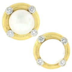 18K TT Gold GIA Large Saltwater Cultured Pearl & Bezel Diamond Button Earrings
