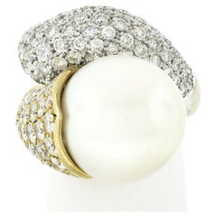 18k TT Gold Large GIA White Pearl w/ 3.80ctw Pave Diamond Cocktail Bypass Ring