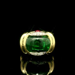 18k TT Gold Polished Saddle Green Stone Cabochon Red Stone & Diamond Wide Band