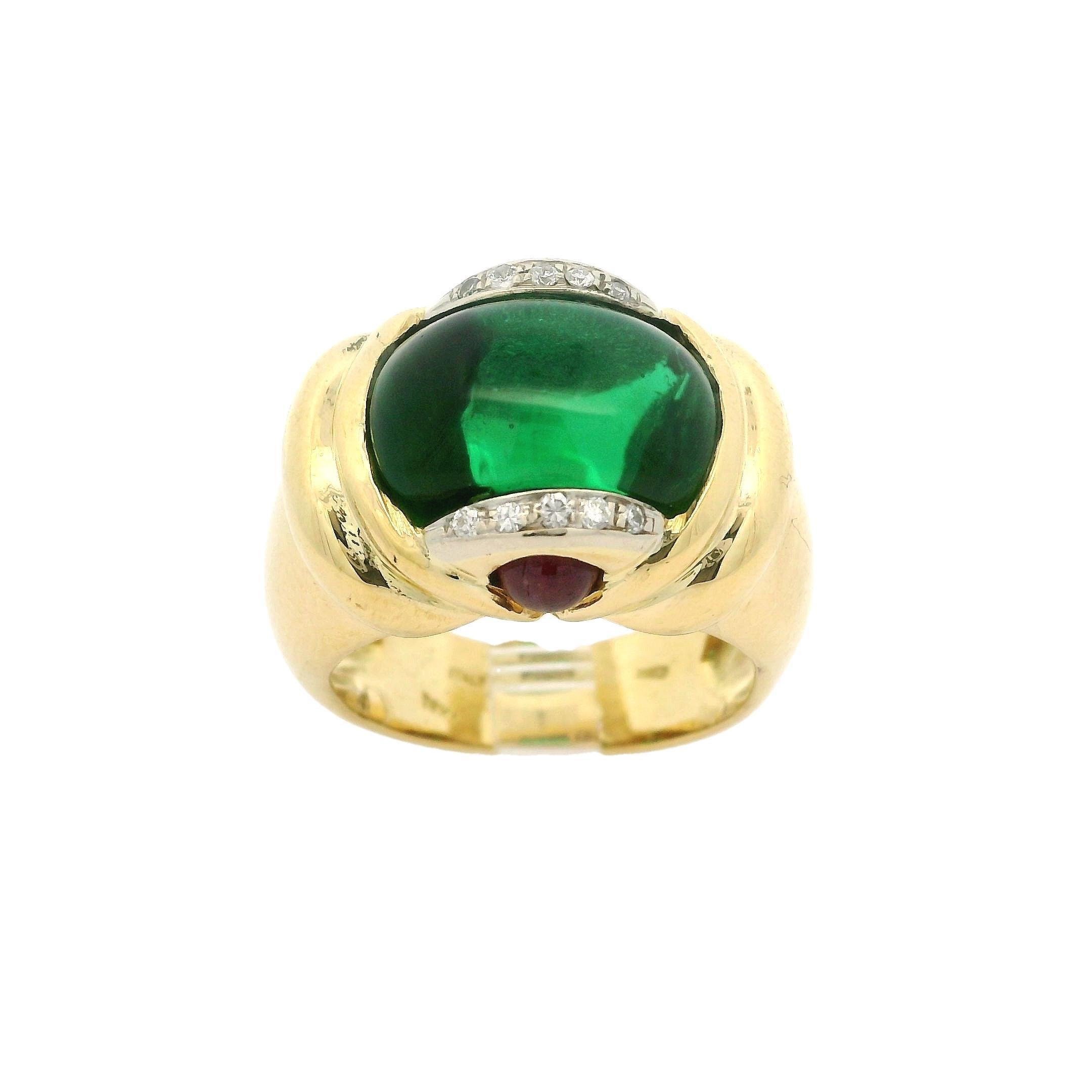 Bracelet large en or 18k TT poli, pierre verte cabochon, pierre rouge et diamant Pour femmes en vente