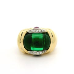 Bracelet large en or 18k TT poli, pierre verte cabochon, pierre rouge et diamant