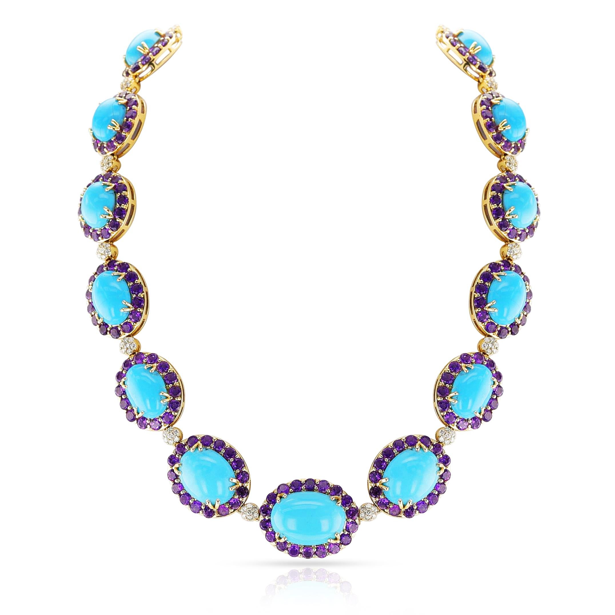 18k Turquoise, Amethyst and Diamond Necklace and Earring Set For Sale 2