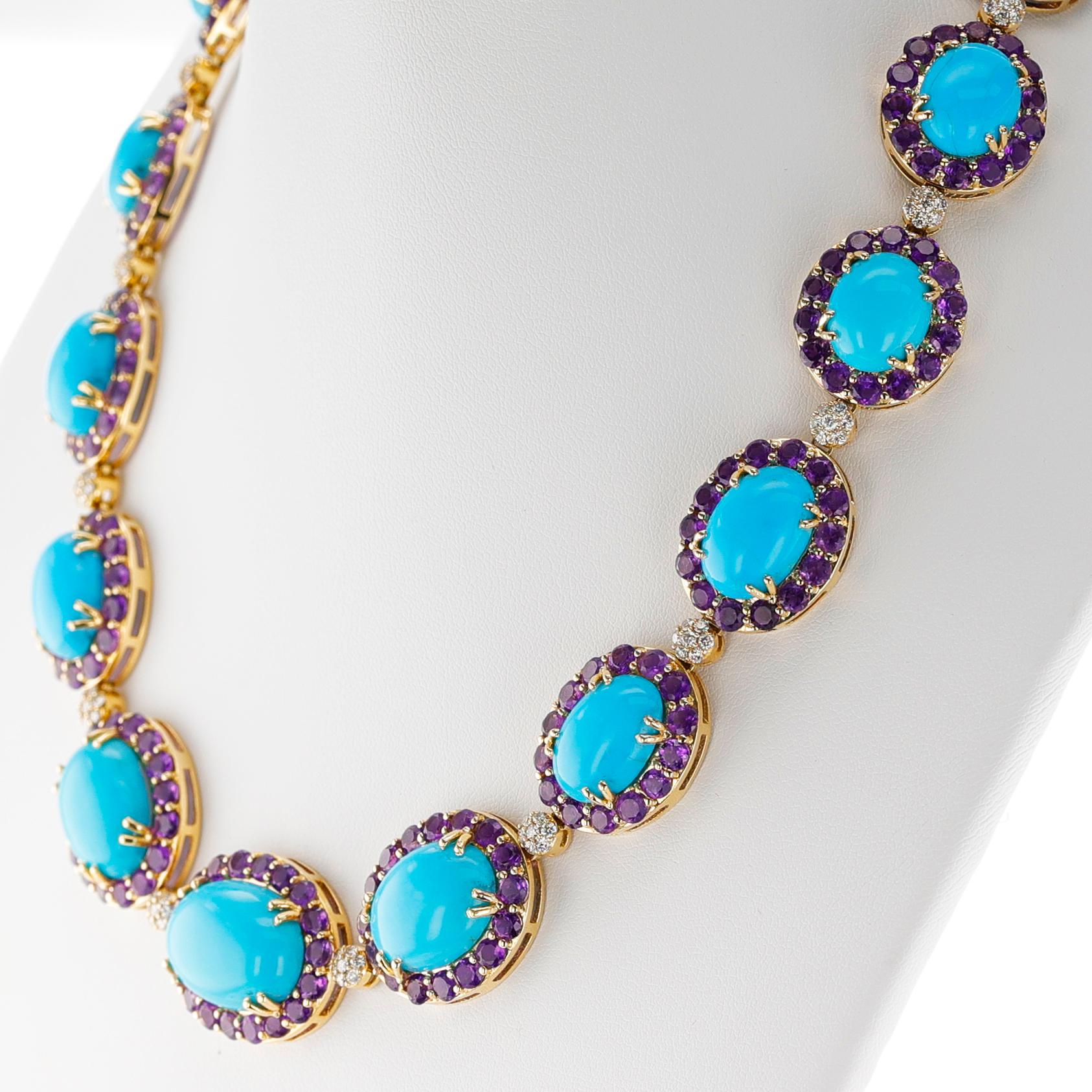 18k Turquoise, Amethyst and Diamond Necklace and Earring Set For Sale 3