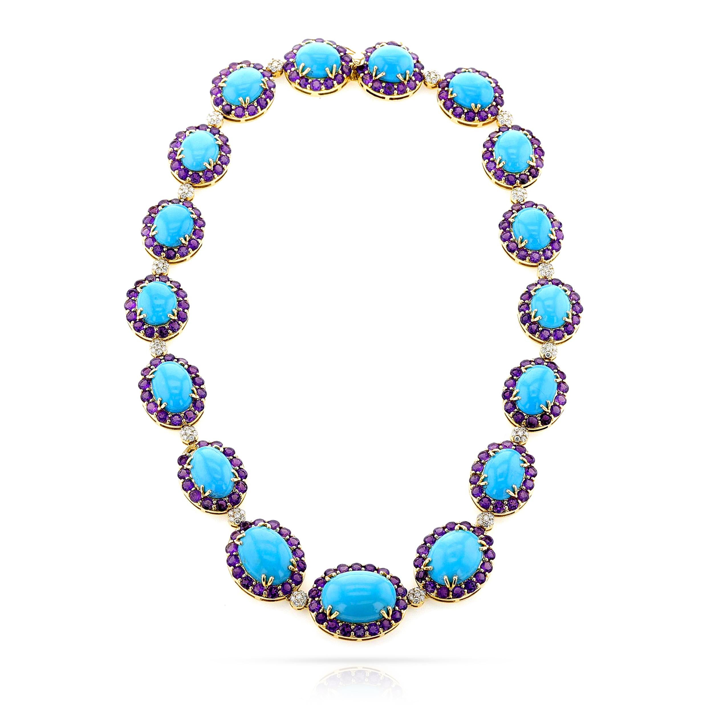 18k Turquoise, Amethyst and Diamond Necklace and Earring Set For Sale 4