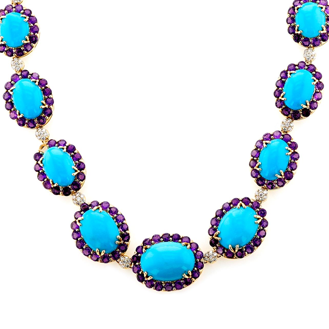 18k Turquoise, Amethyst and Diamond Necklace and Earring Set For Sale 5