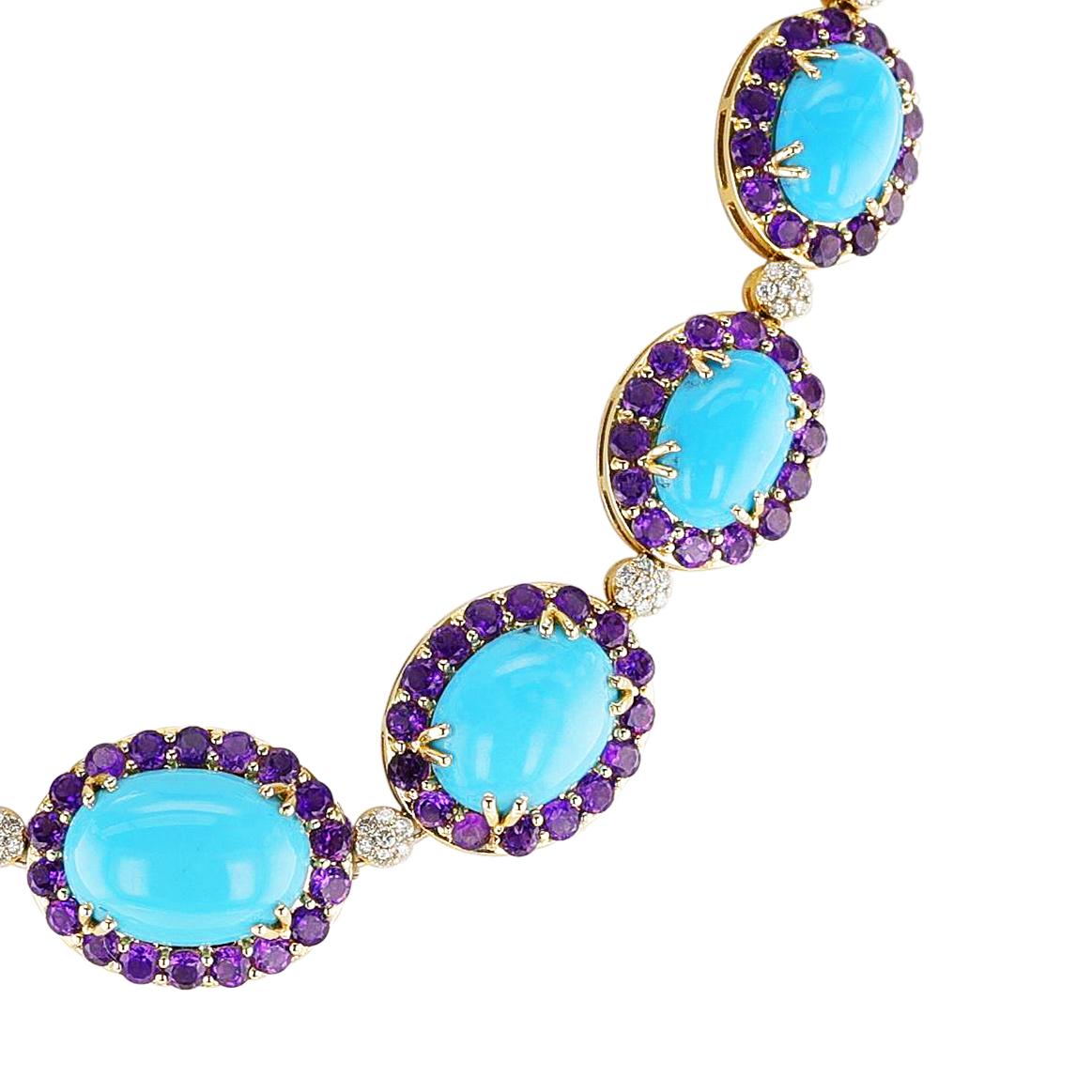 18k Turquoise, Amethyst and Diamond Necklace and Earring Set For Sale 6