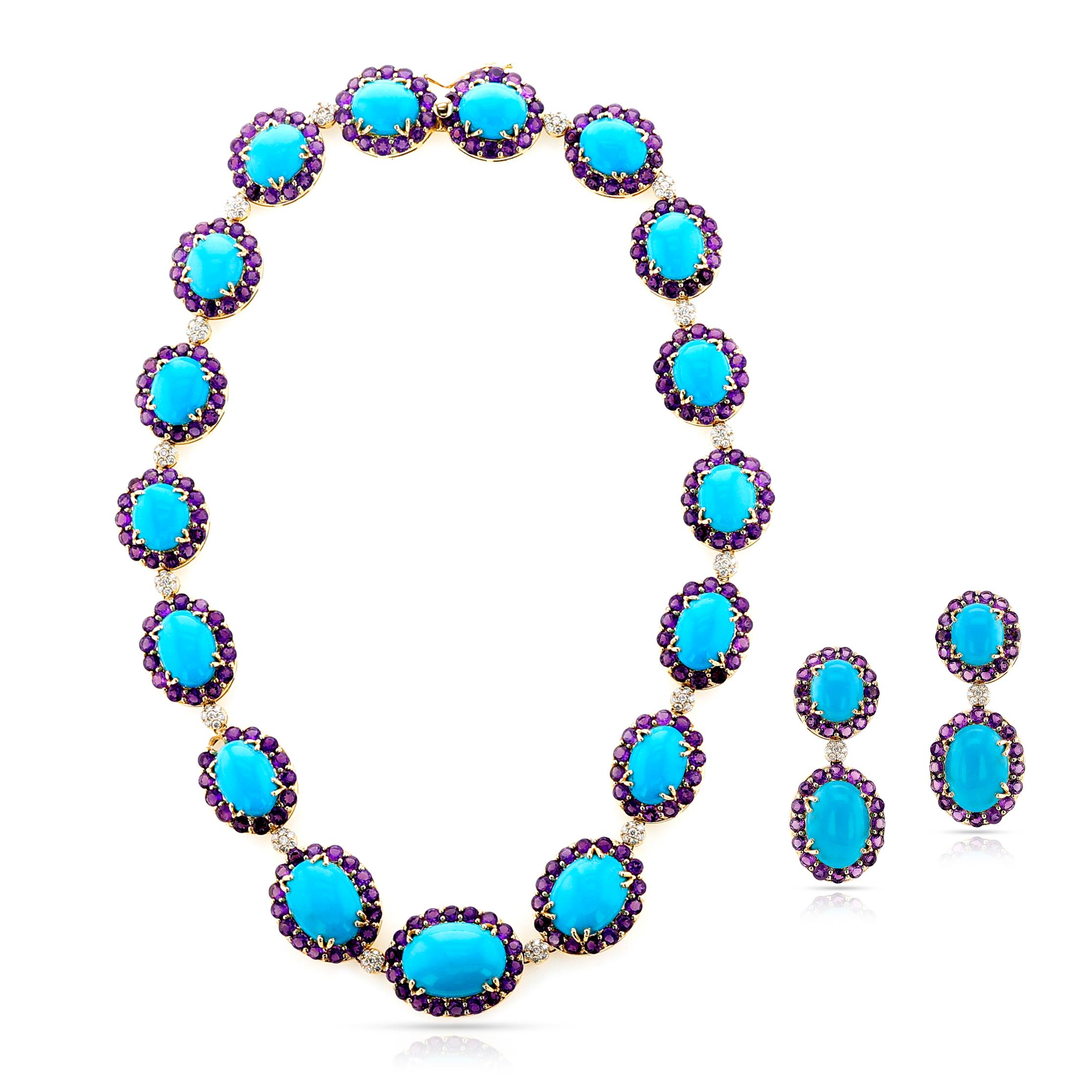 A 18k Turquoise, Amethyst and Diamond Necklace and Earring Set. 

Necklace: 64.28 grams
Earrings: 16.80 grams
Total Weight: 80.99 grams

Turquoise: 104.55 carats
Amethyst: 31.85 carats
Diamond: 1.86 carats

Necklace Length: 
Earring Length: 