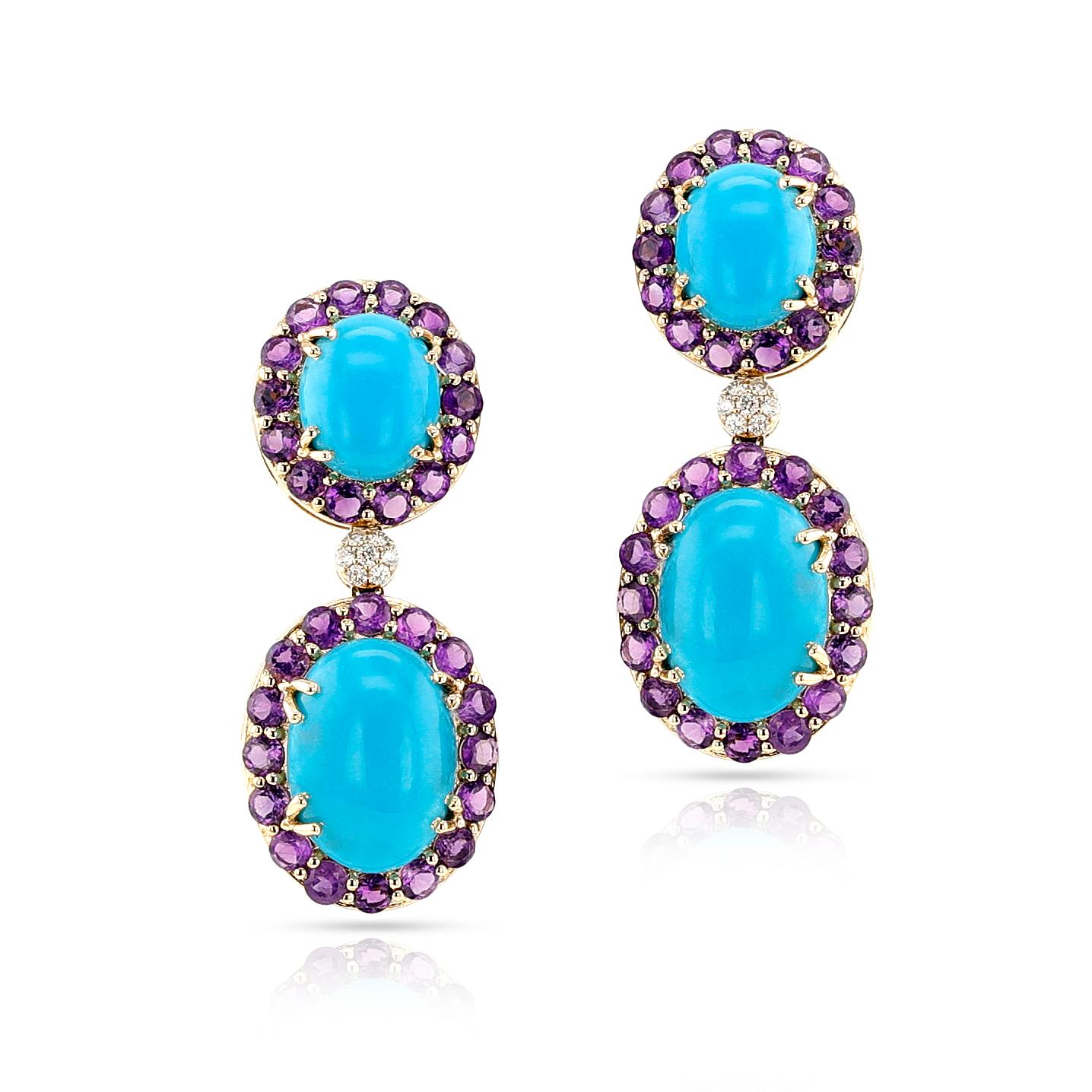 18k Turquoise, Amethyst and Diamond Necklace and Earring Set In New Condition For Sale In New York, NY