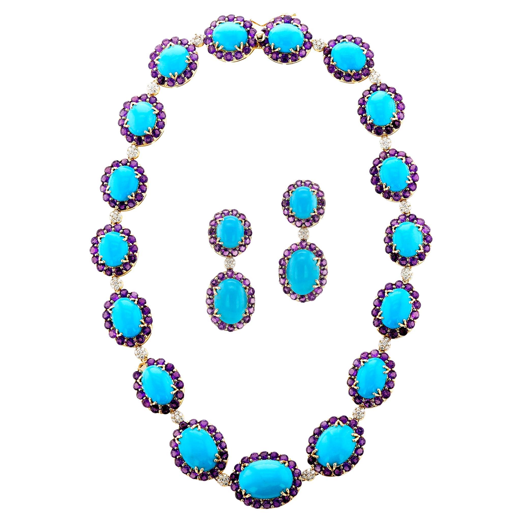 18k Turquoise, Amethyst and Diamond Necklace and Earring Set For Sale