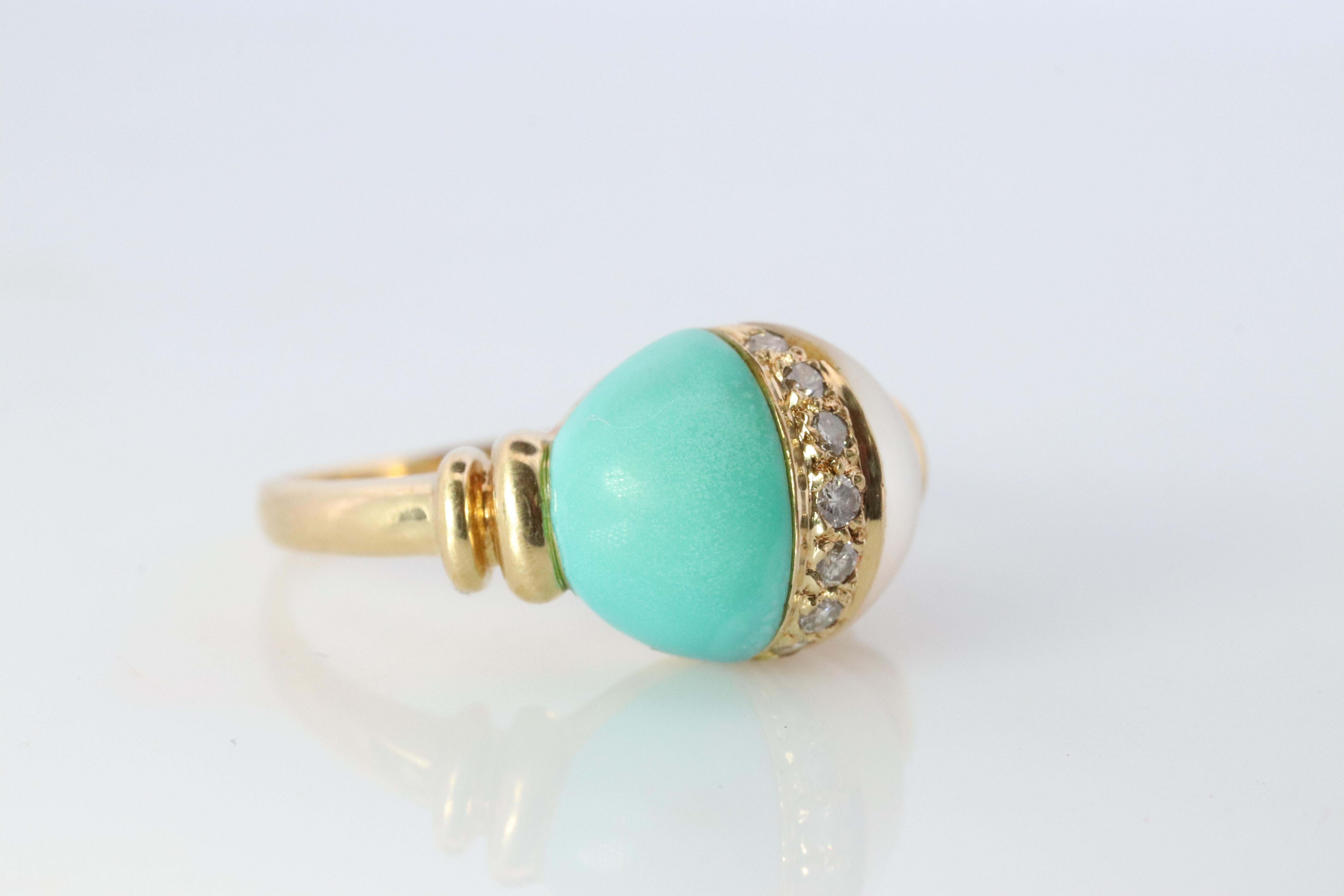 18 Karat Türkis und MOP-Ring. Türkis Diamant Perlmutt Statement Ring (Moderne) im Angebot