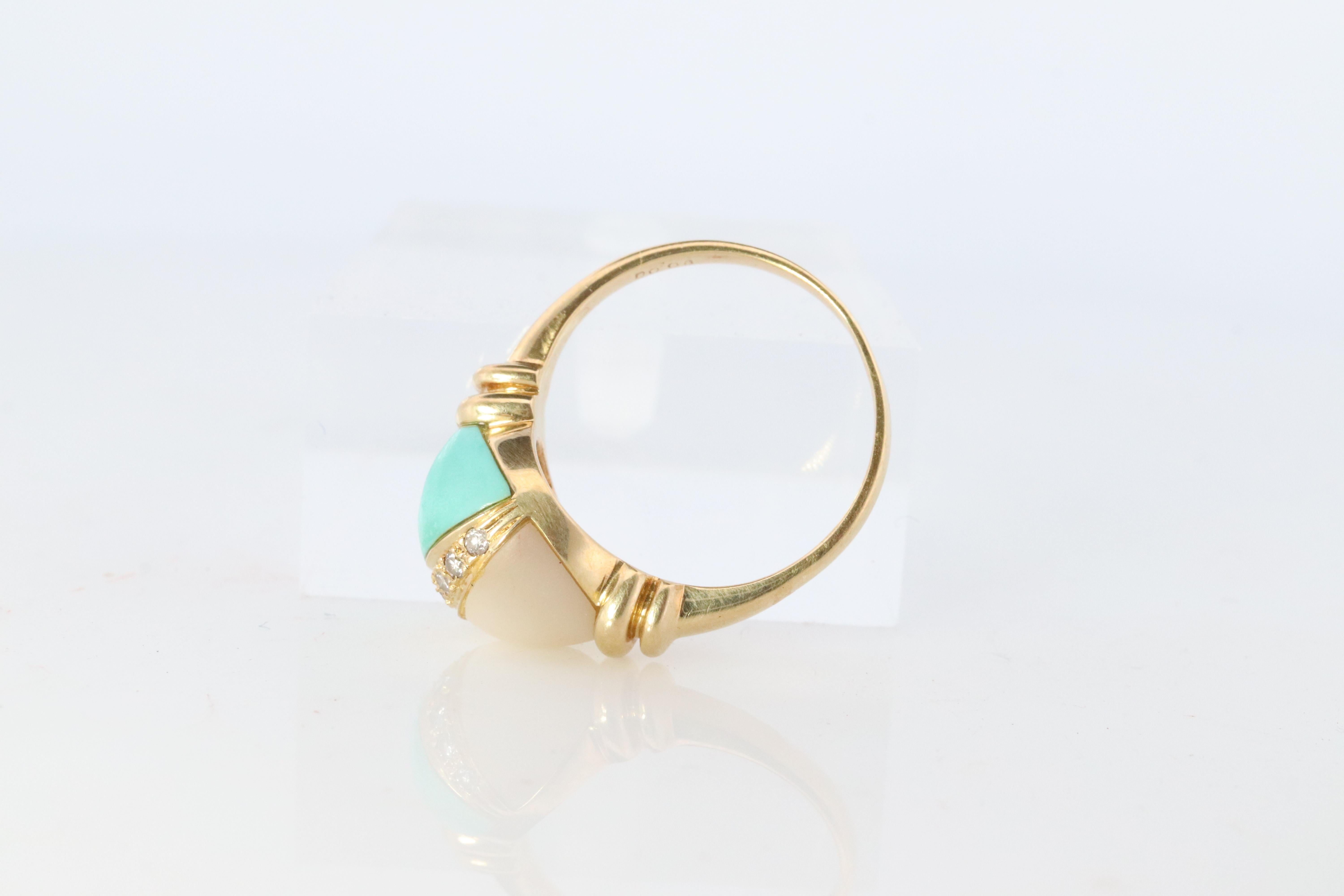 18 Karat Türkis und MOP-Ring. Türkis Diamant Perlmutt Statement Ring Damen im Angebot