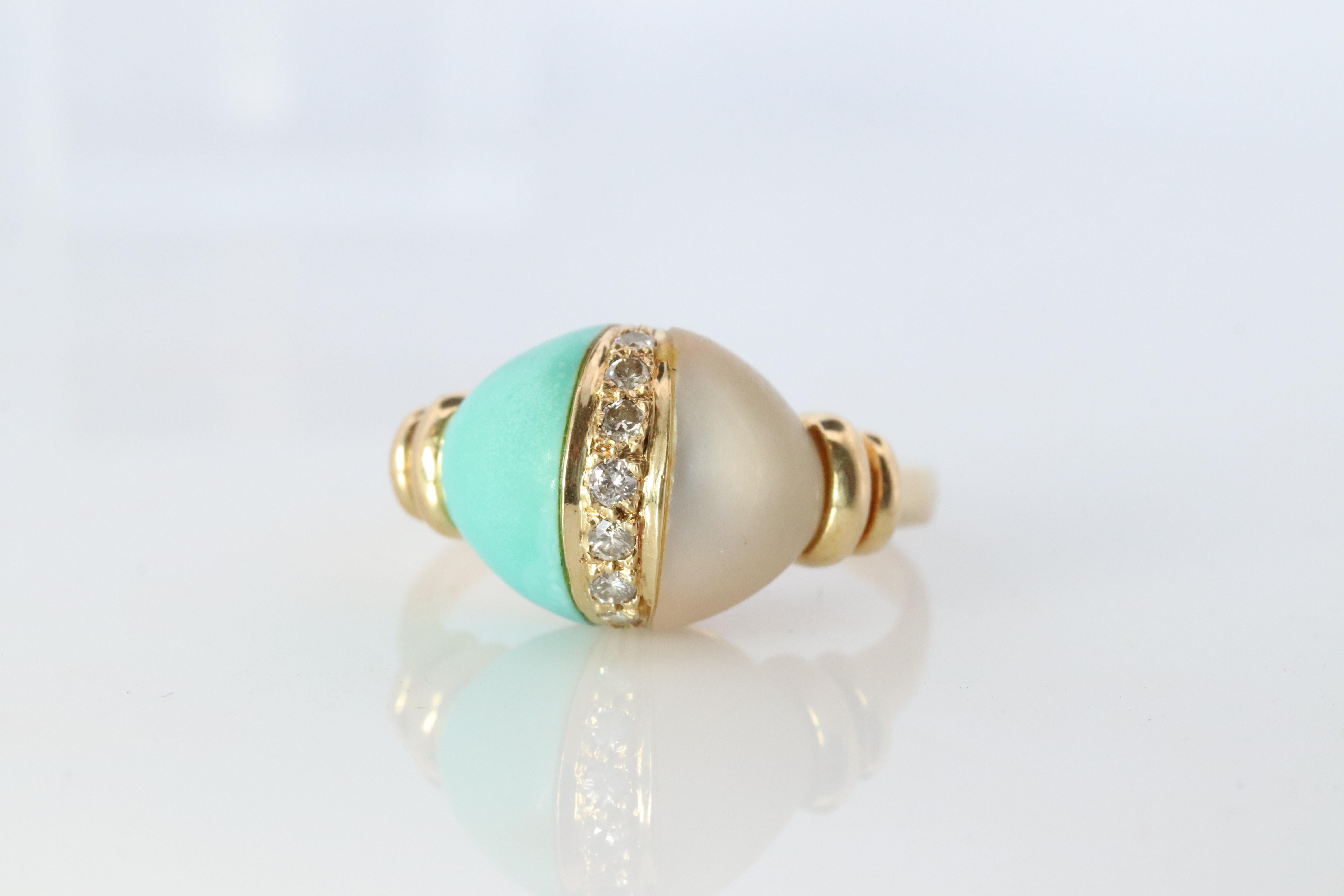 18 Karat Türkis und MOP-Ring. Türkis Diamant Perlmutt Statement Ring im Angebot 2