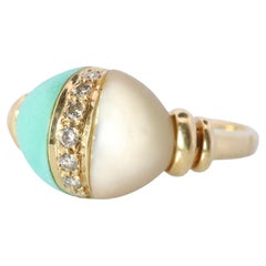 18k Turquoise and MOP Ring. Turquoise Diamond Mother of Pearl Statement Ring