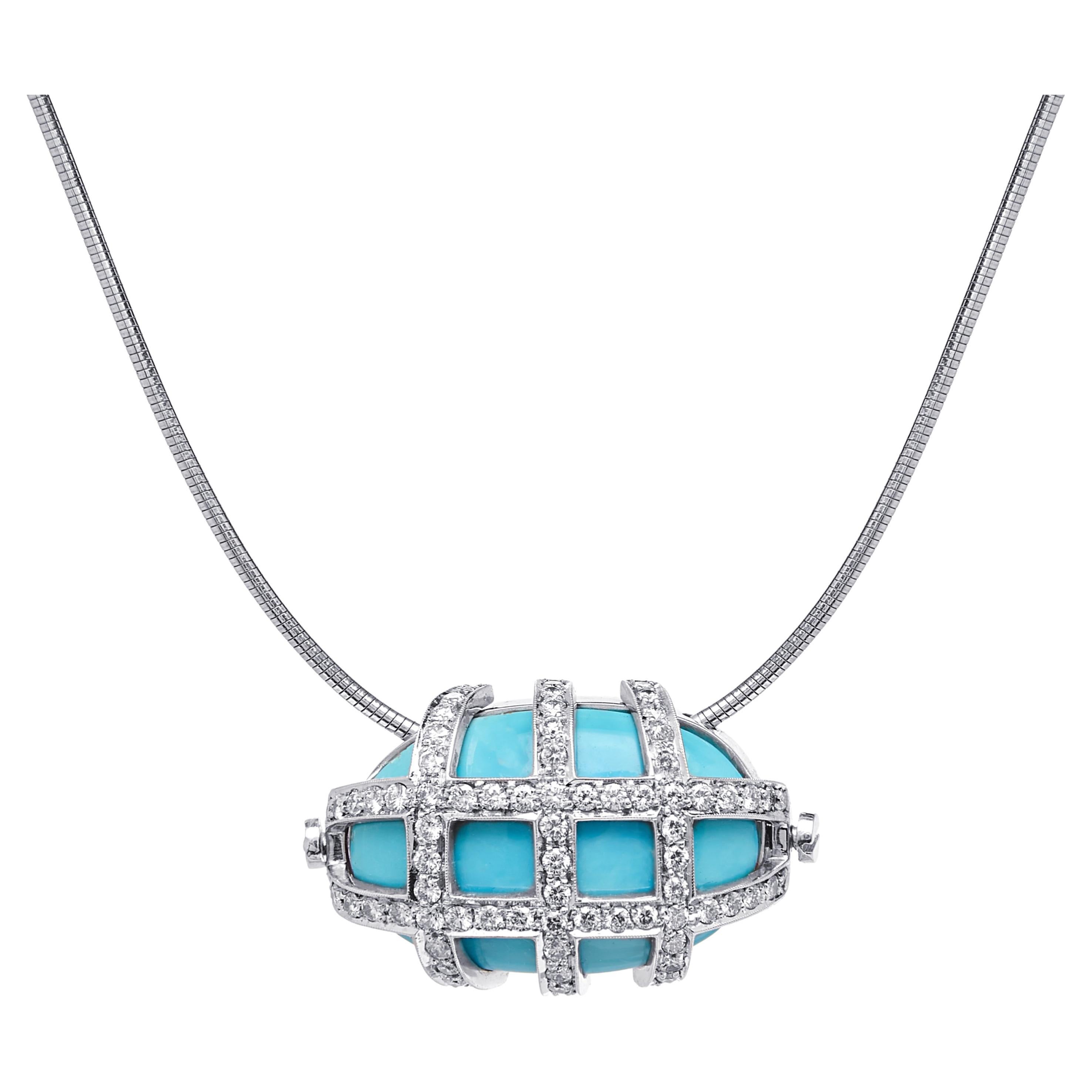 Collana in turchese, diamanti e oro bianco 18 ct. in vendita