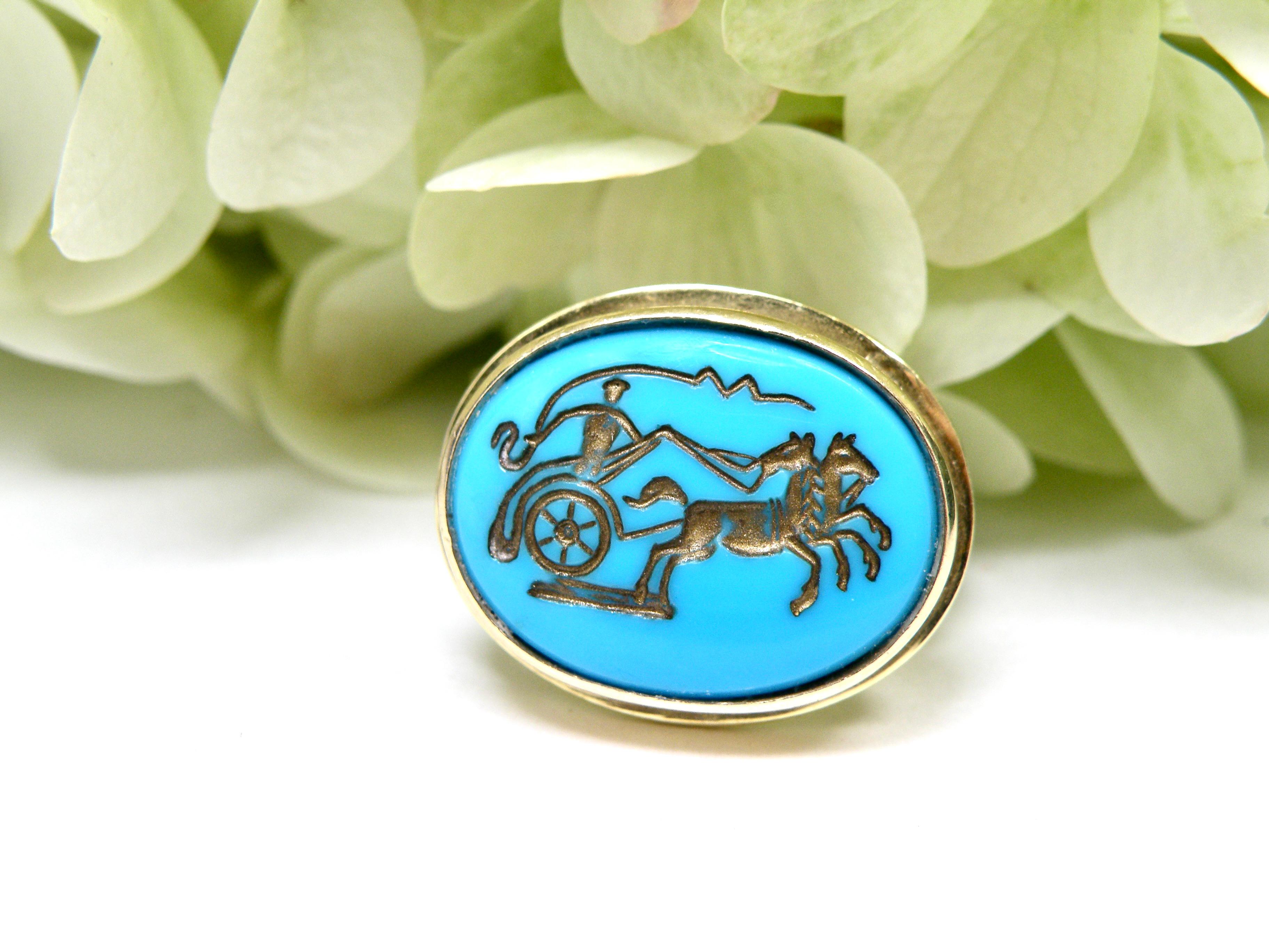 18k Turquoise ring, carved charioteer intaglio In New Condition For Sale In Cohasset, MA